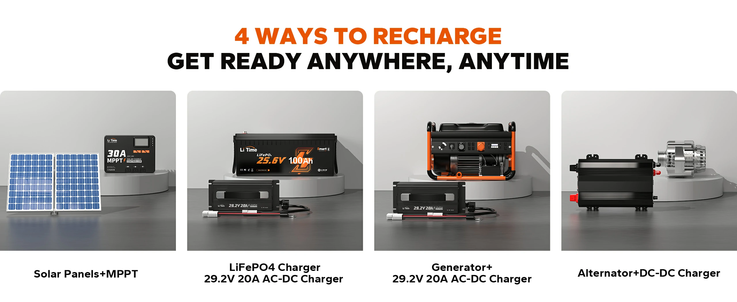 charging methods to charge 24V 100ah lithium iron bluetooth battery:solar panel, charger, generator