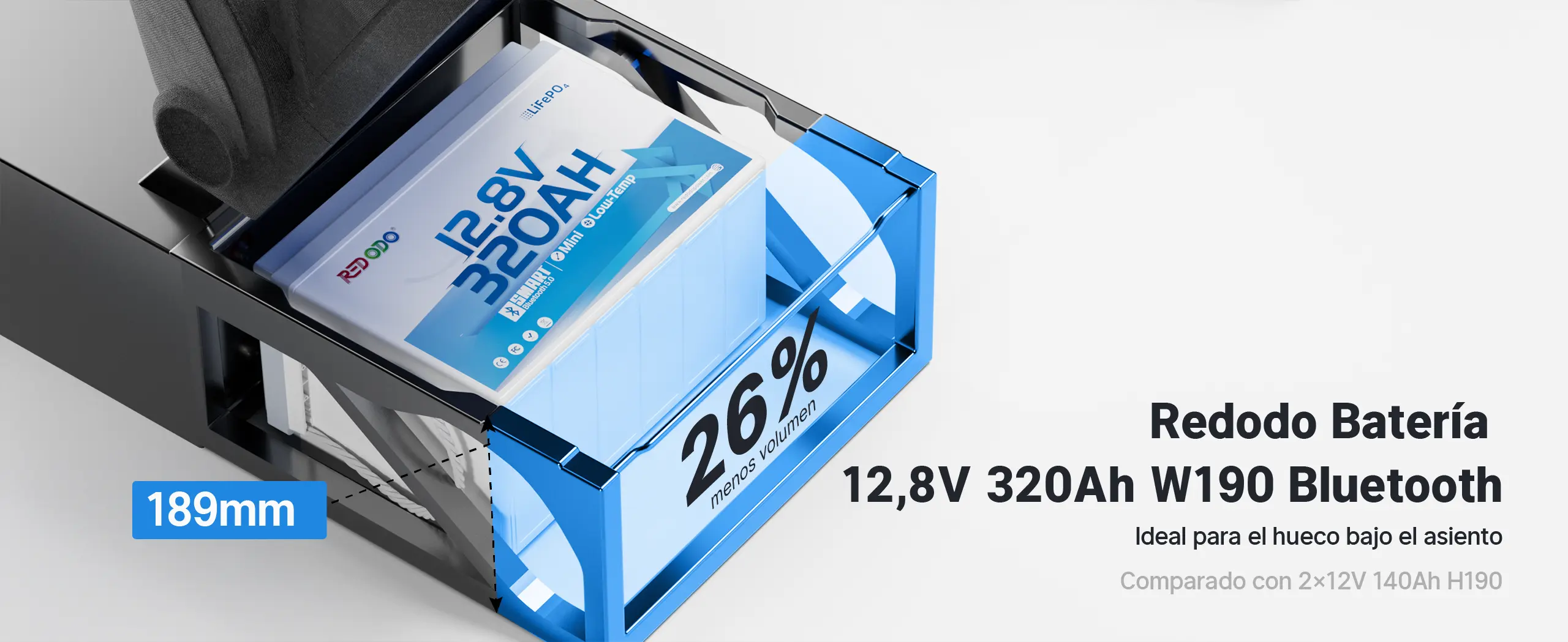 Redodo Bateria LiFePO4 12V 320Ah W190 con Bluetooth Ideal para el hueco bajo el asiento