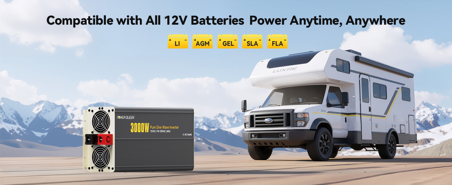 Power Queen 3000W Pure Sine Wave Inverter 12V DC to 110V AC with 7 Outlets & LCD Remote Control