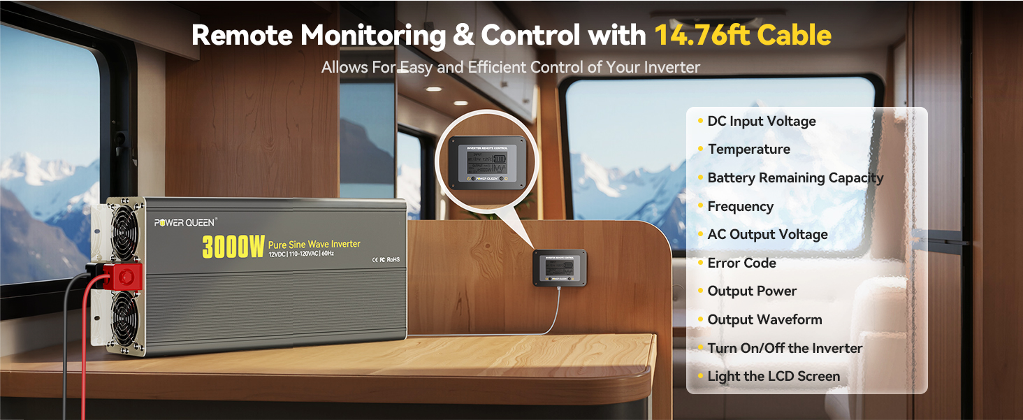 Power Queen 3000W Pure Sine Wave Inverter 12V DC to 110V AC with 7 Outlets & LCD Remote Control