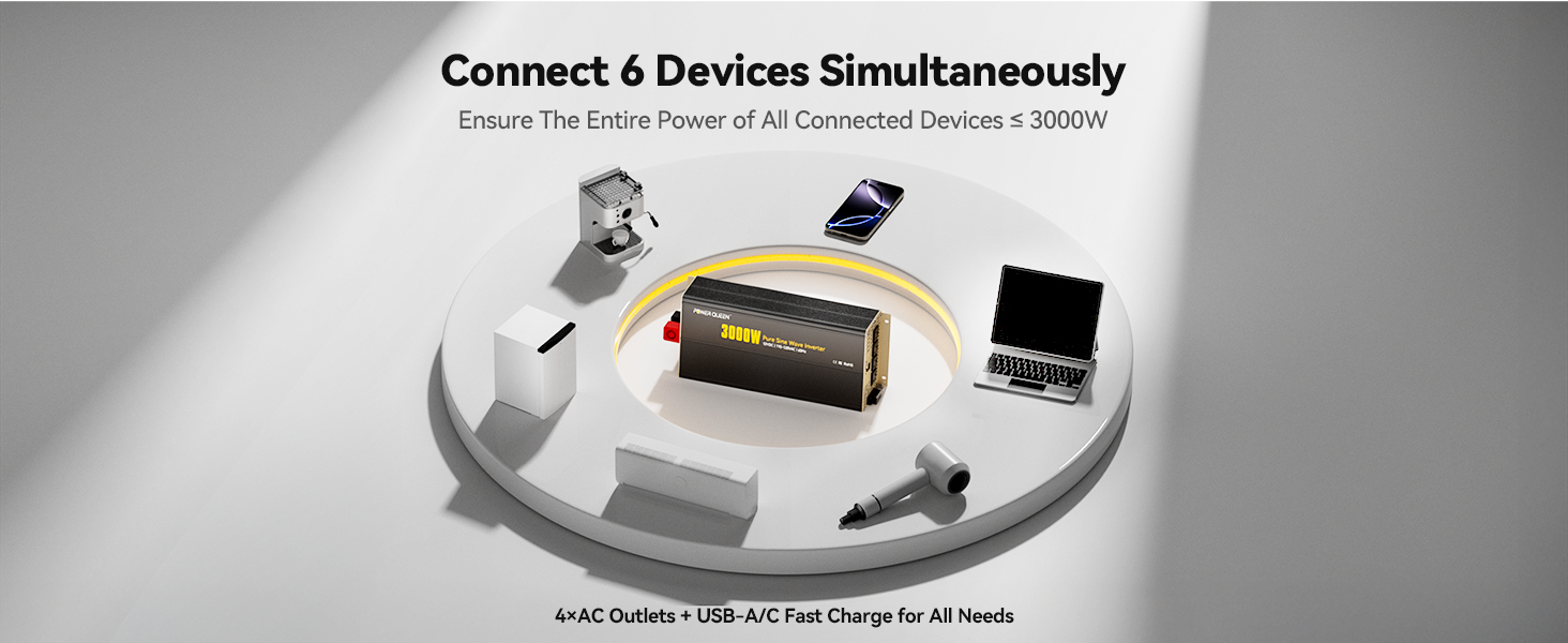 Power Queen 3000W Pure Sine Wave Inverter 12V DC to 110V AC with 7 Outlets & LCD Remote Control