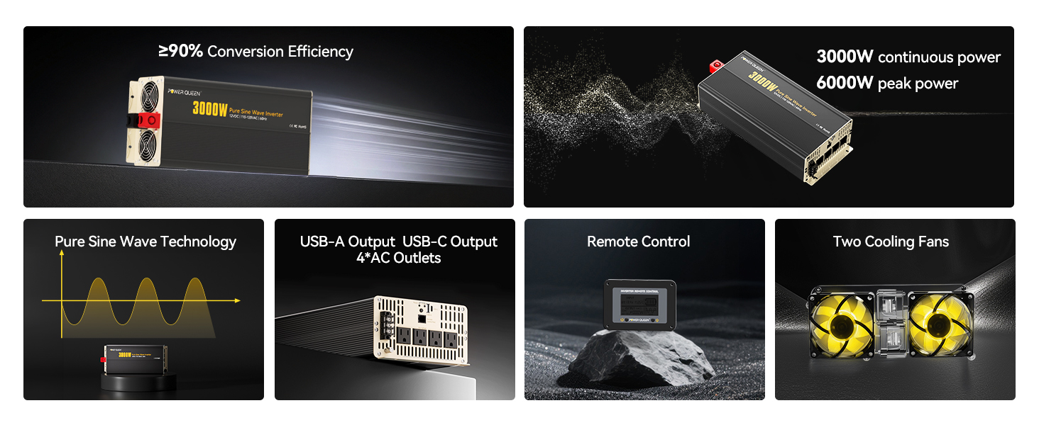 Power Queen 3000W Pure Sine Wave Inverter 12V DC to 110V AC with 7 Outlets & LCD Remote Control
