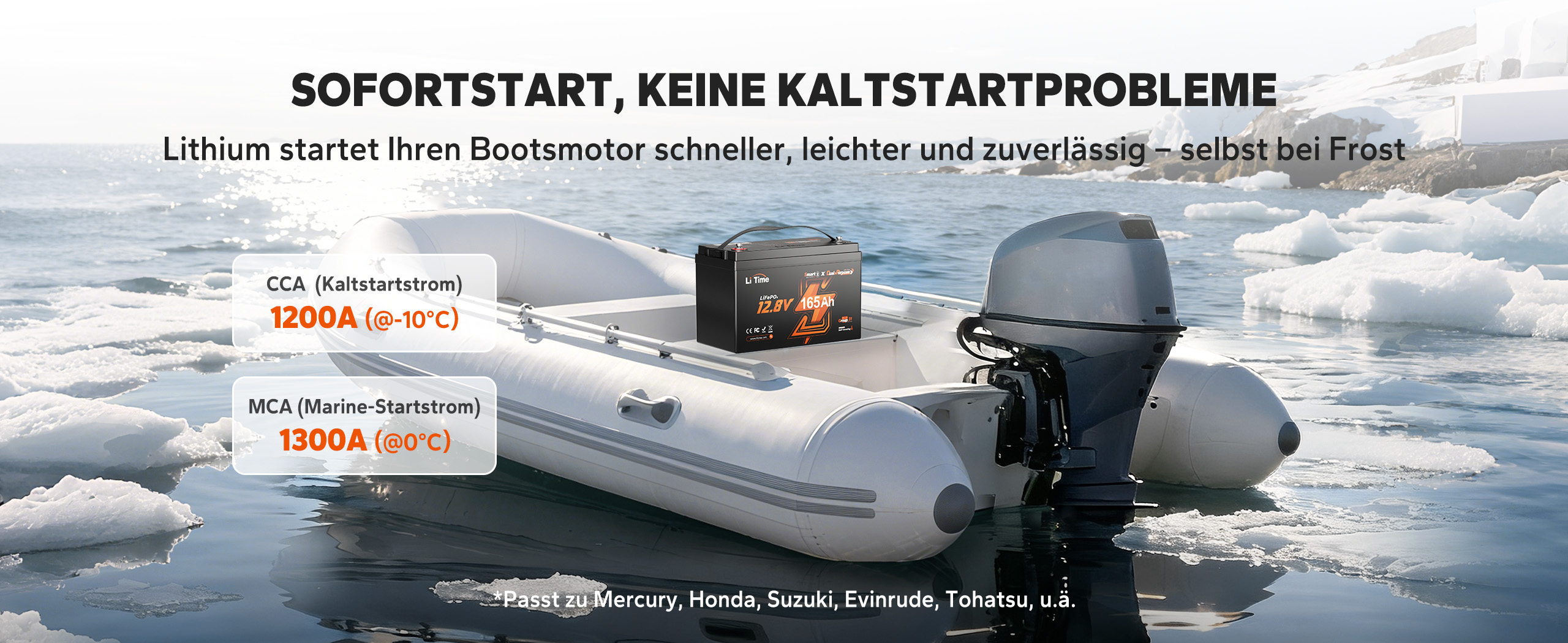Batteria al litio LiTime 12V 165Ah su gommone, avviamento immediato anche a basse temperature, con elevata CCA e MCA per motori marini.