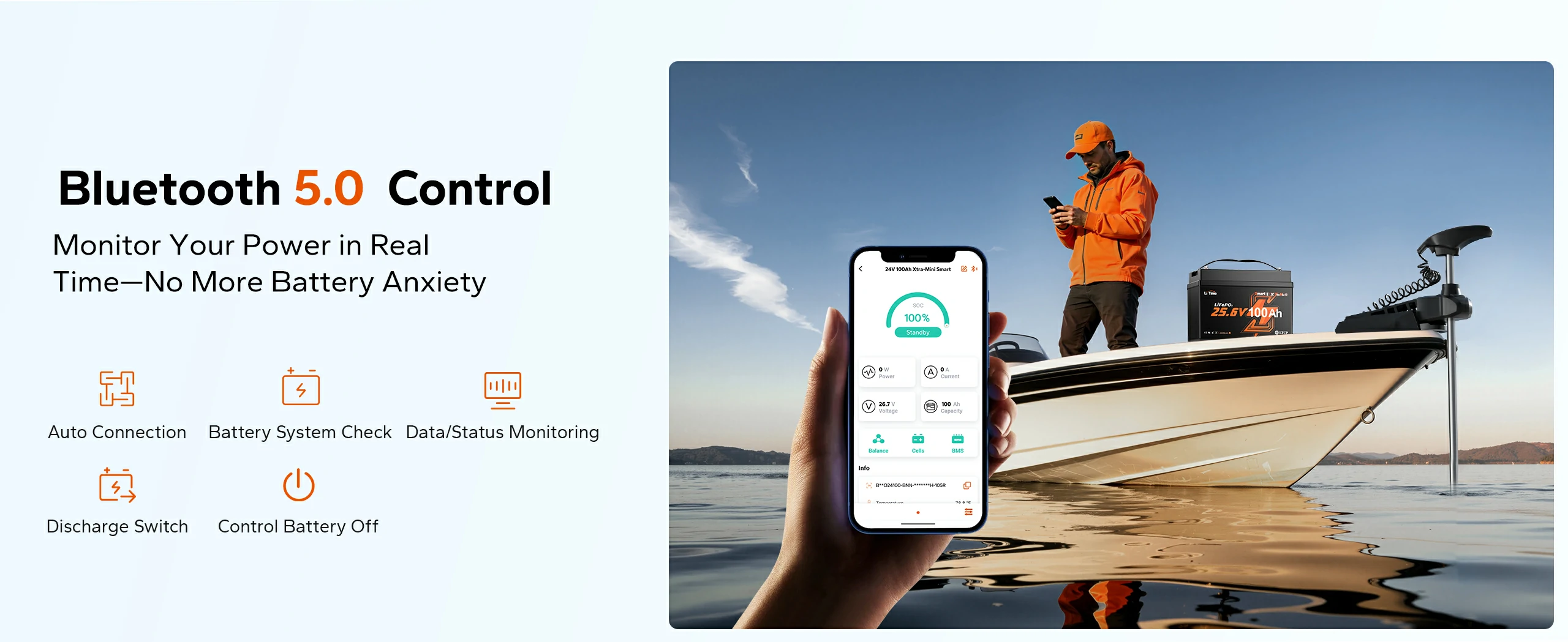 litime 24v 100ah group 31 lithium marine battery with bluetooth 5.0 contral