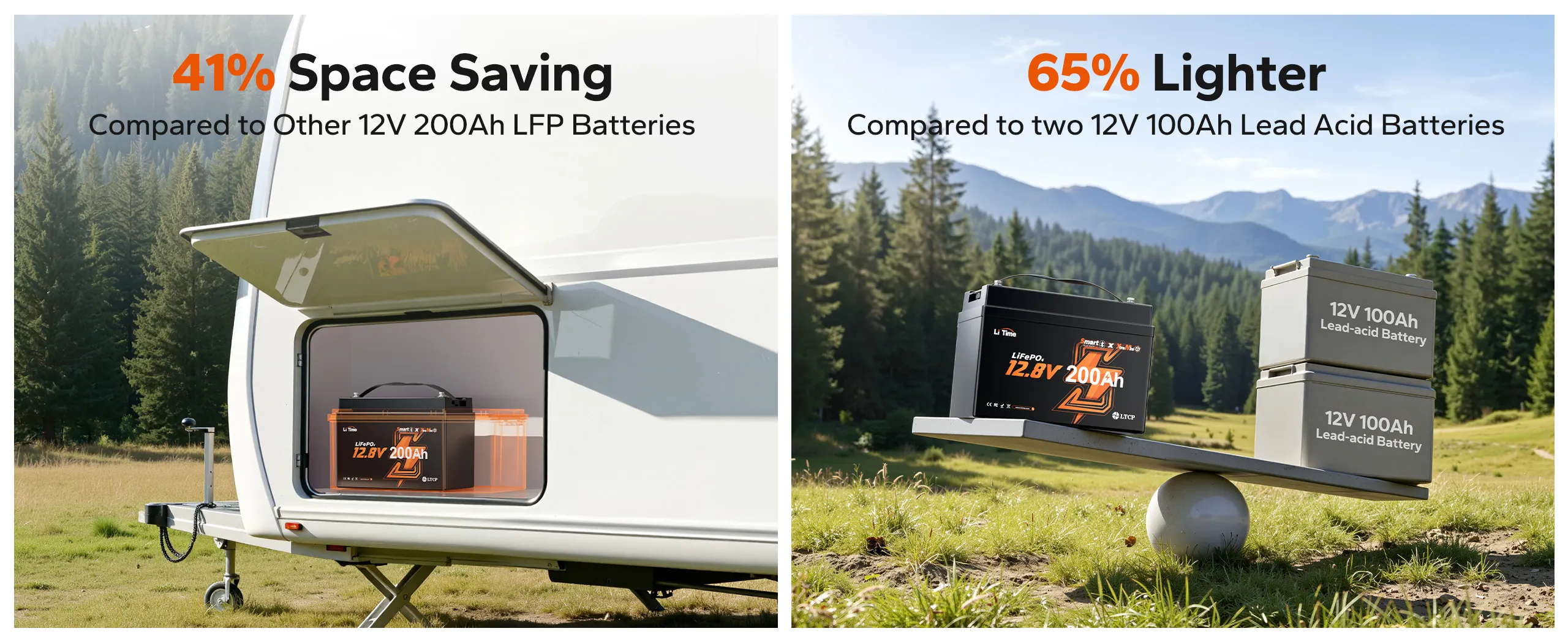 200Ah lithium battery for RV—LiTime 12V 200Ah mini lithium battery highlighting 41% smaller size and 65% lighter upgrade.