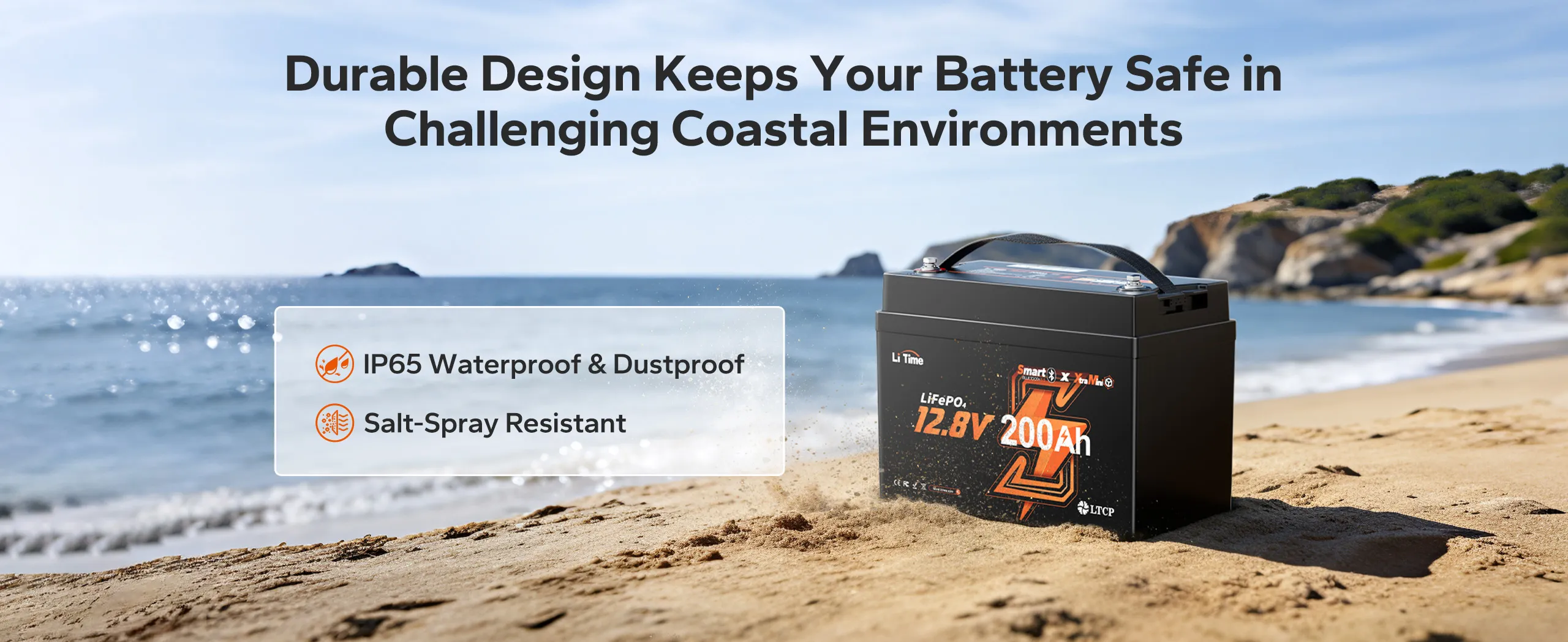 LiTime 12V 200Ah mini LiFePO4 lithium battery (Group 31+ deep cycle) showing IP65 waterproof & dustproof and salt-spray resistance