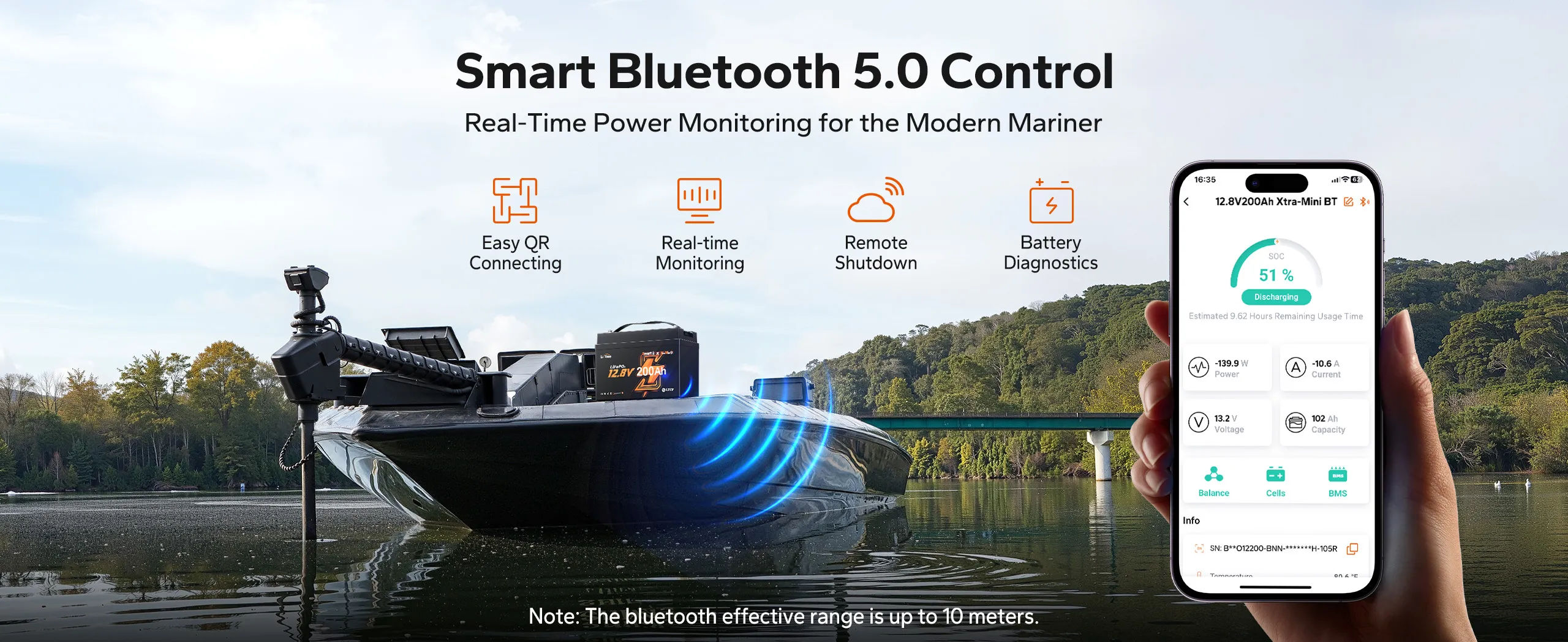 LiTime 12V 200Ah mini LiFePO4 lithium battery for marine trolling motor showing Smart Bluetooth 5.0 app monitoring and control