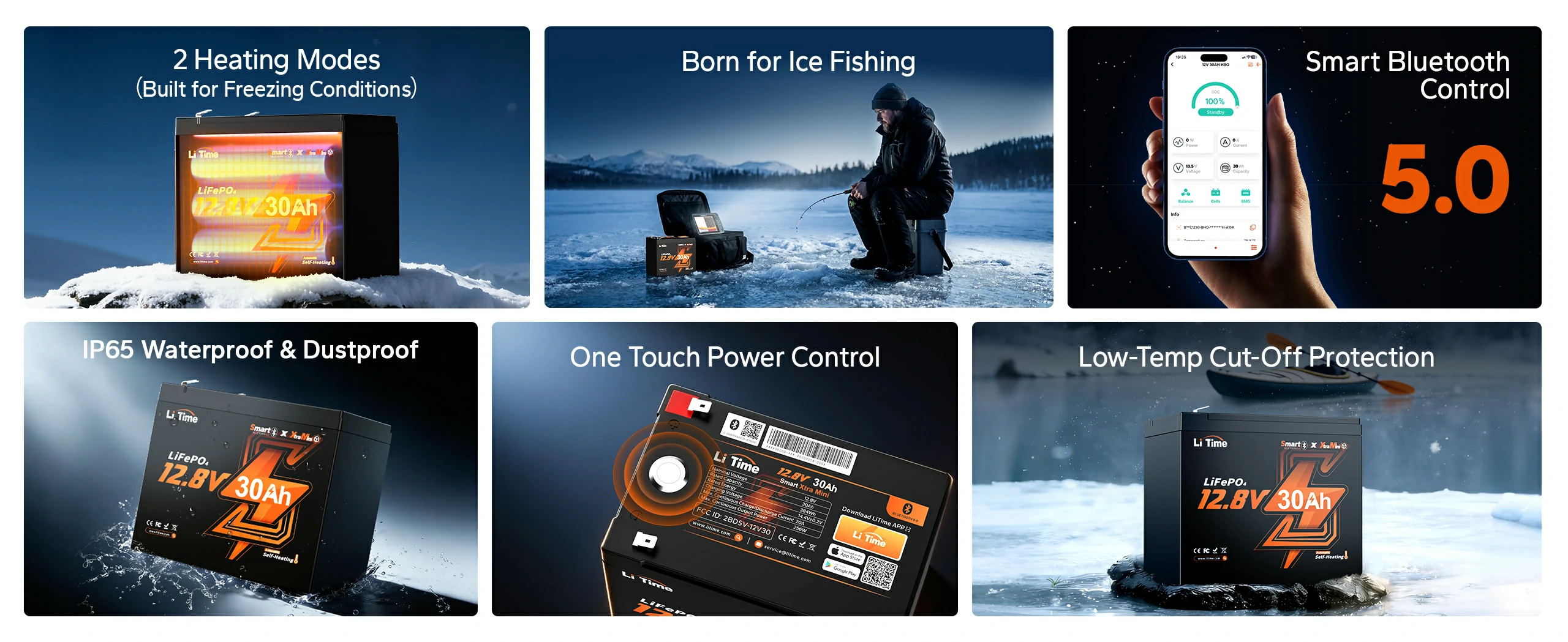 litime 12v 30ah lithium ice fishing battery with self-heating,bluetooth,IP65 waterproof,power control,low-temp protection