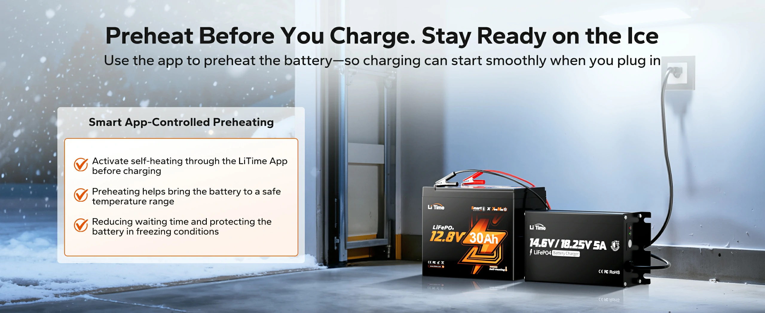 using LiTime APP preheat  litime 12v 30ah lithium battery for ice fishing​