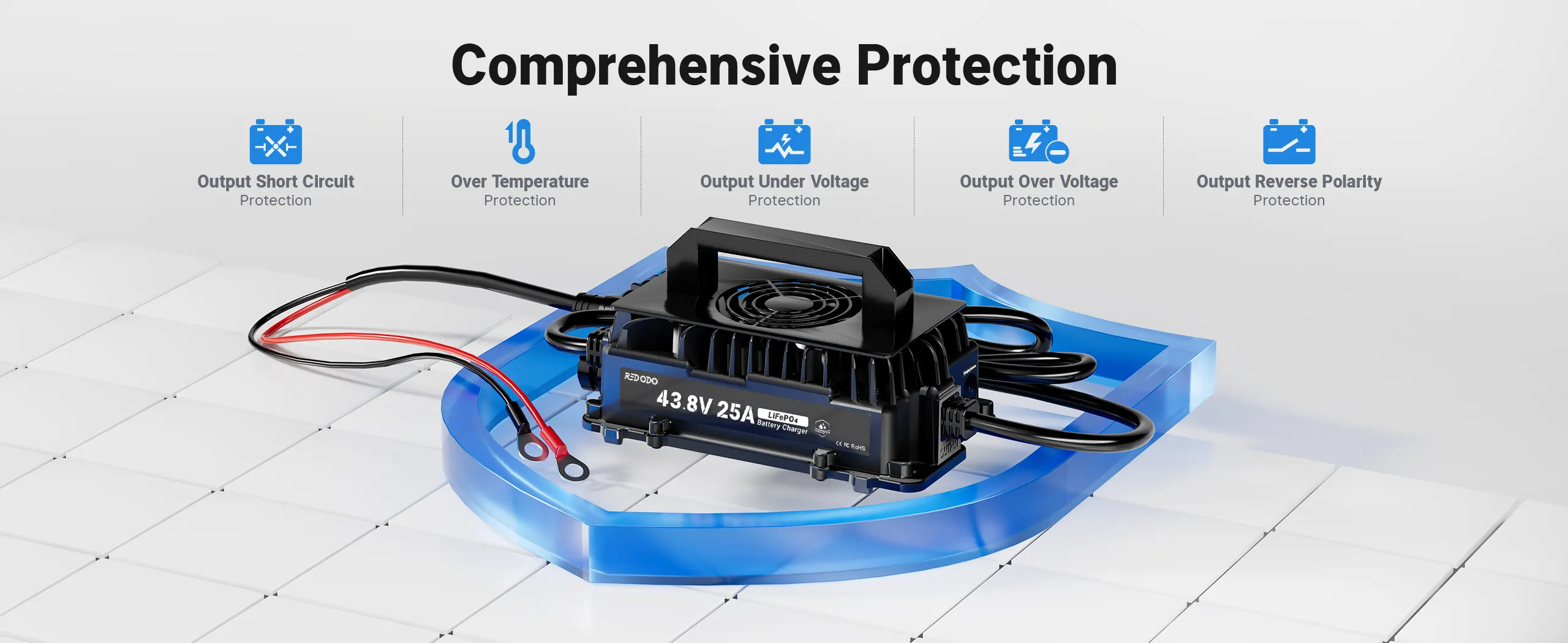 Redodo 43.8V 25A lithium battery charger with IP65 dustproof and waterproof