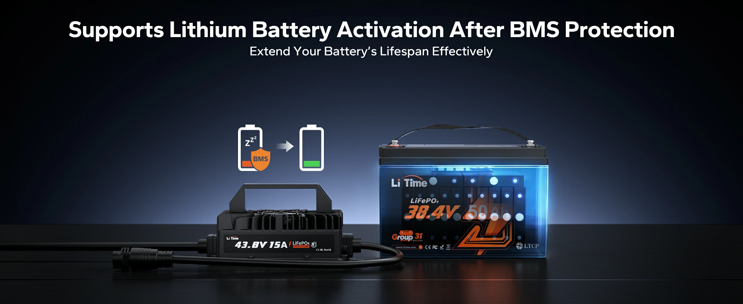 litime 15a lifepo4 battery charger supports lithum battery activation