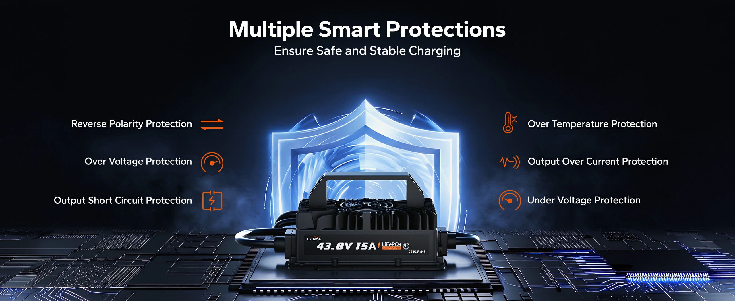 litime 15a battery charger 36volt with multiple smart protections