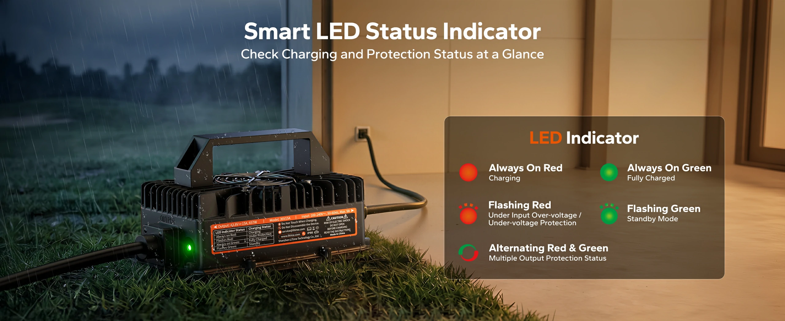 litime 15a lithium battery charger 36v with smart LED status indicator 