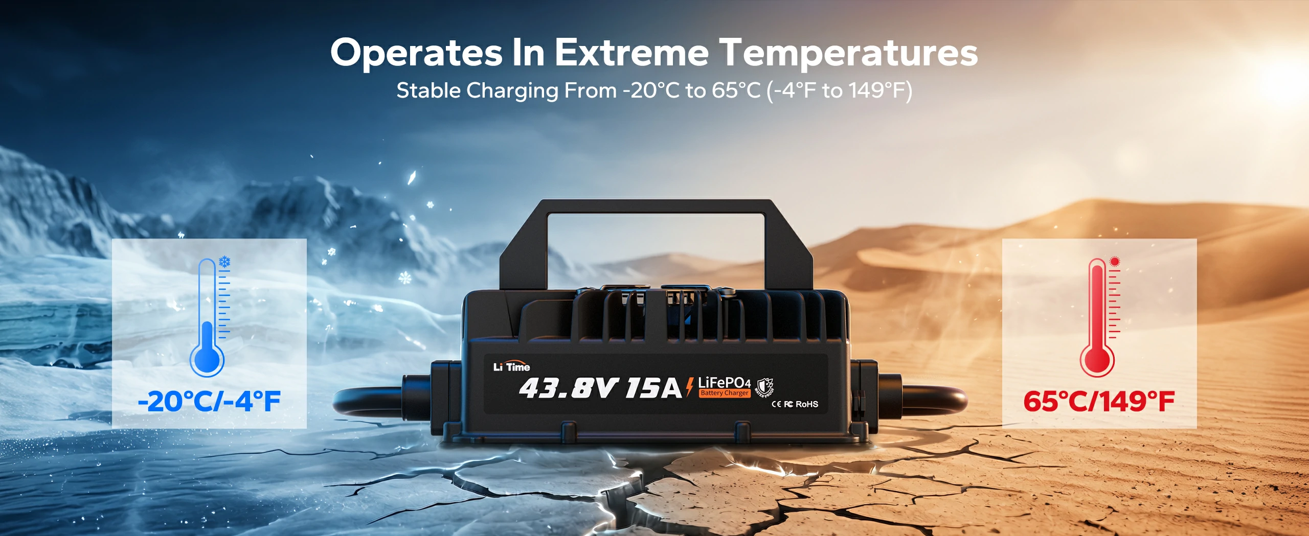 litime 15a battery charger operates in extreme temperatures