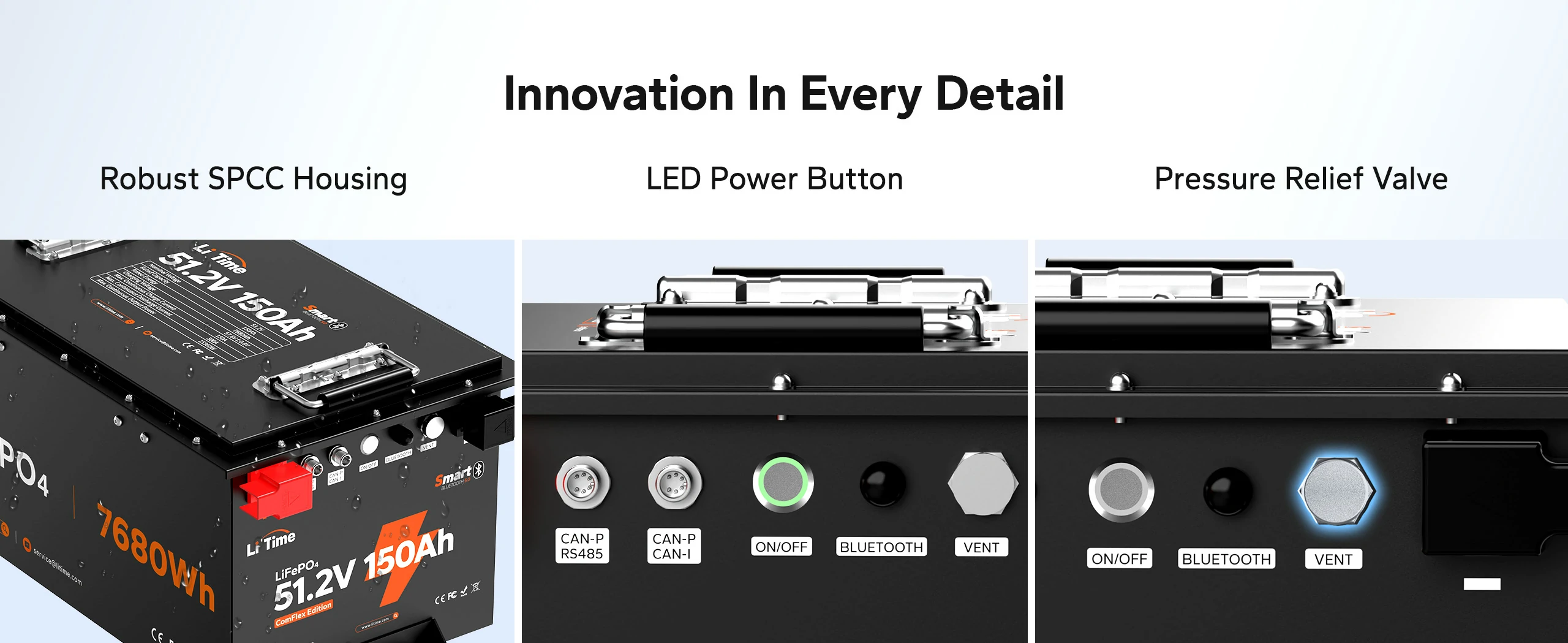 litime 150ah lithium utv battery with robust SPCC housing,LED power button,pressure relief valve