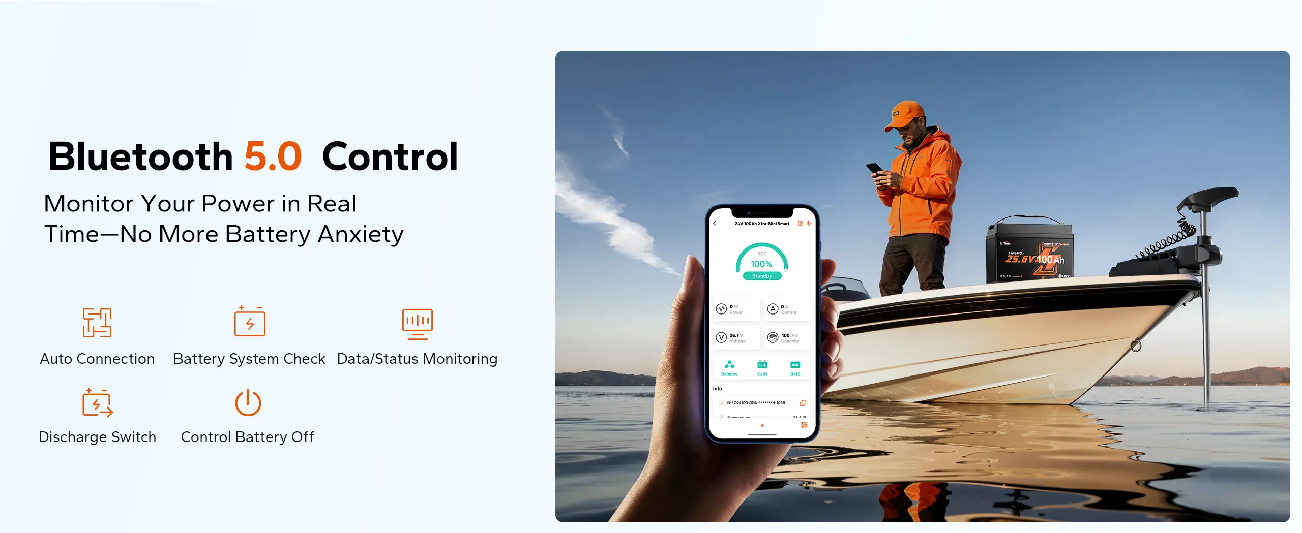 Echtzeit-Überwachung der Batterieleistung via Bluetooth 5.0 App für eine sorgenfreie Nutzung auf dem Wasser.