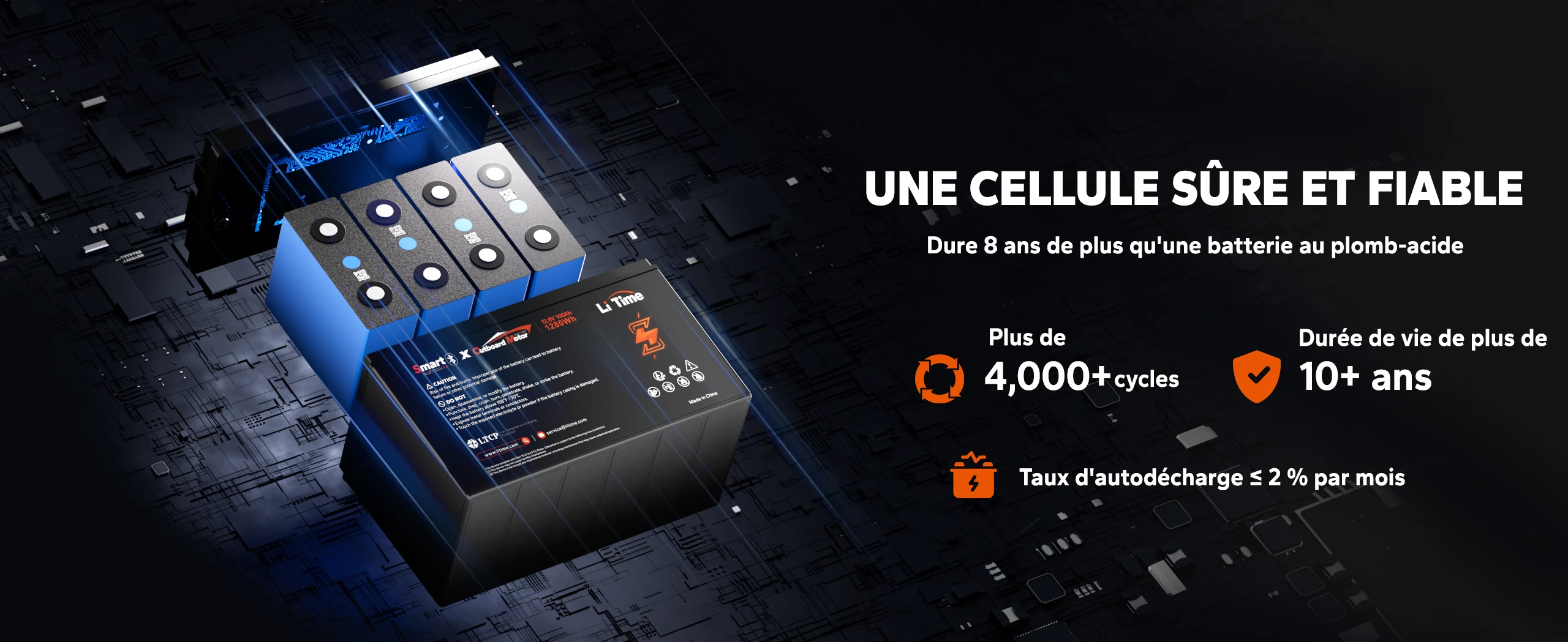 LiTime LiFePO4 Batterie Marine 12V 100Ah OBM Cellules EV Haute Qualite