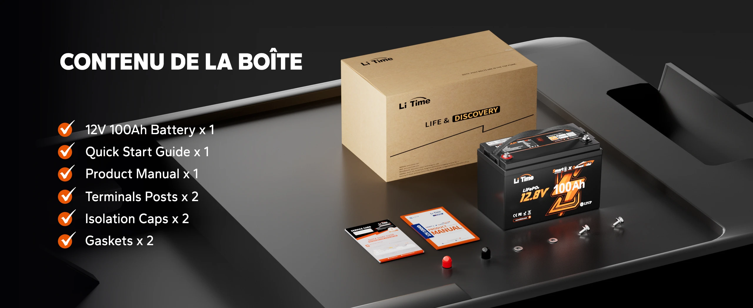LiTime LiFePO4 Batterie Marine 12V 100Ah OBM Contenu de la Boite