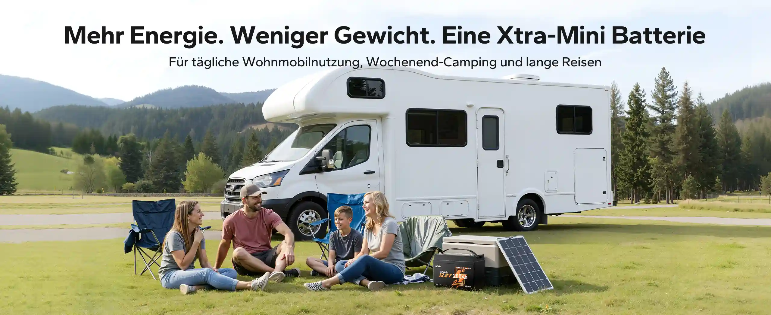Familienausflug mit dem Wohnmobil, unterstützt durch die kompakte und leichte LiTime Xtra-Mini Batterie.