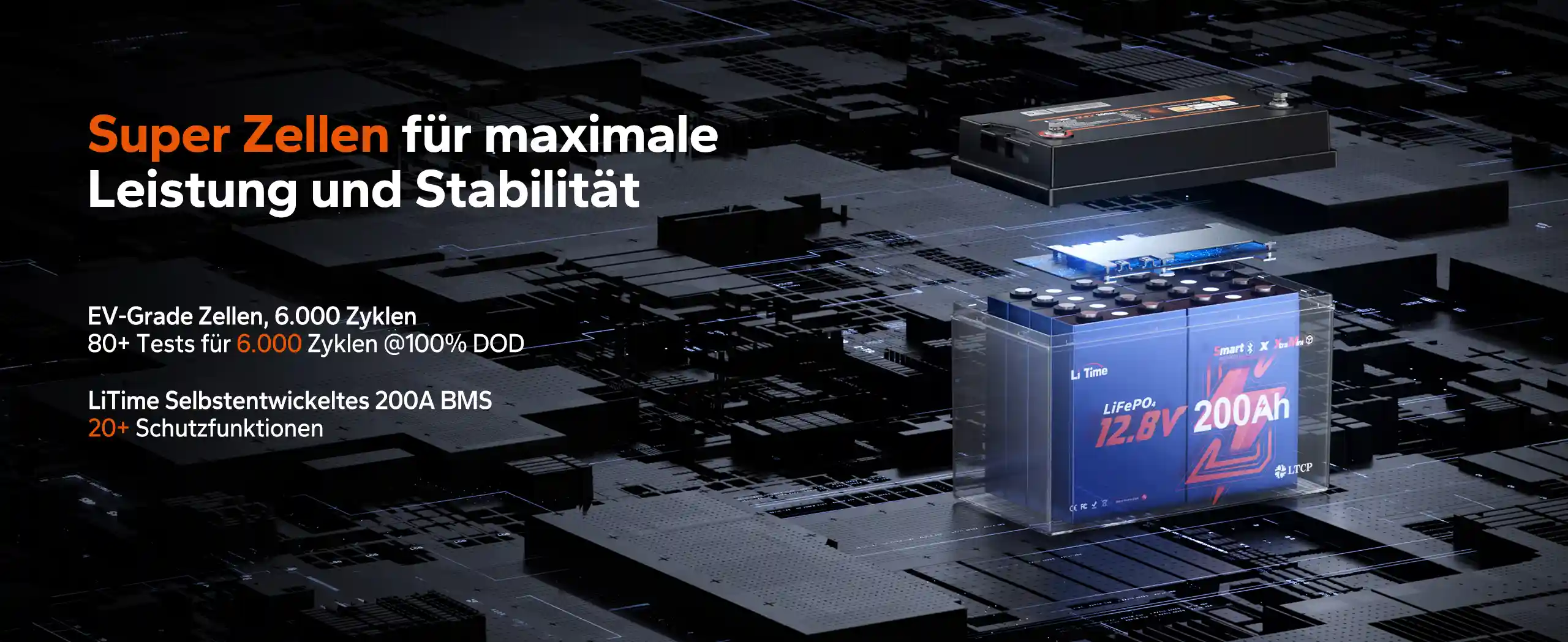 Blick ins Innere der LiTime Batterie mit EV-Grade Zellen für über 6000 Zyklen und hohe Lebensdauer.
