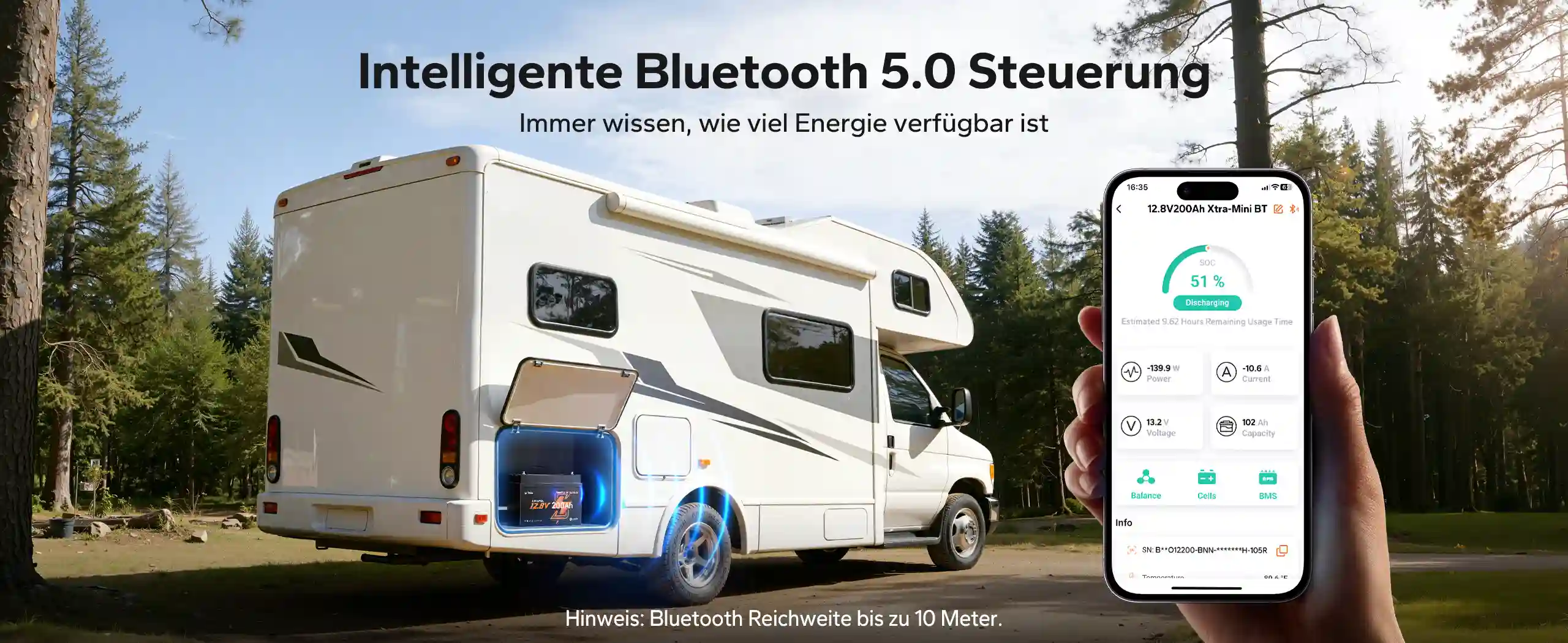Intelligente Steuerung und Diagnose der Batterie im Wohnmobil direkt über die Bluetooth-Schnittstelle.
