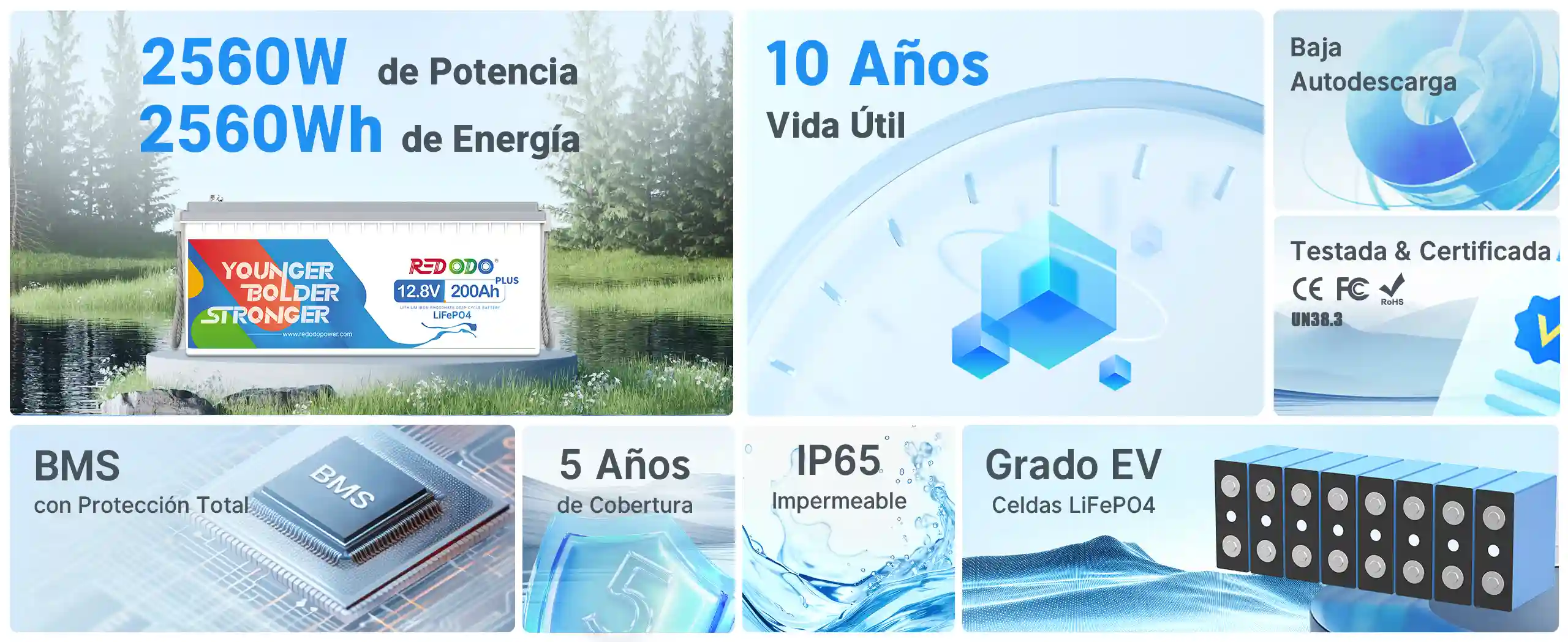 Redodo Batería LiFePO4 12v 200ah Plus - Ciclo Profundo, Grado EV, 10 Años Vida Útil