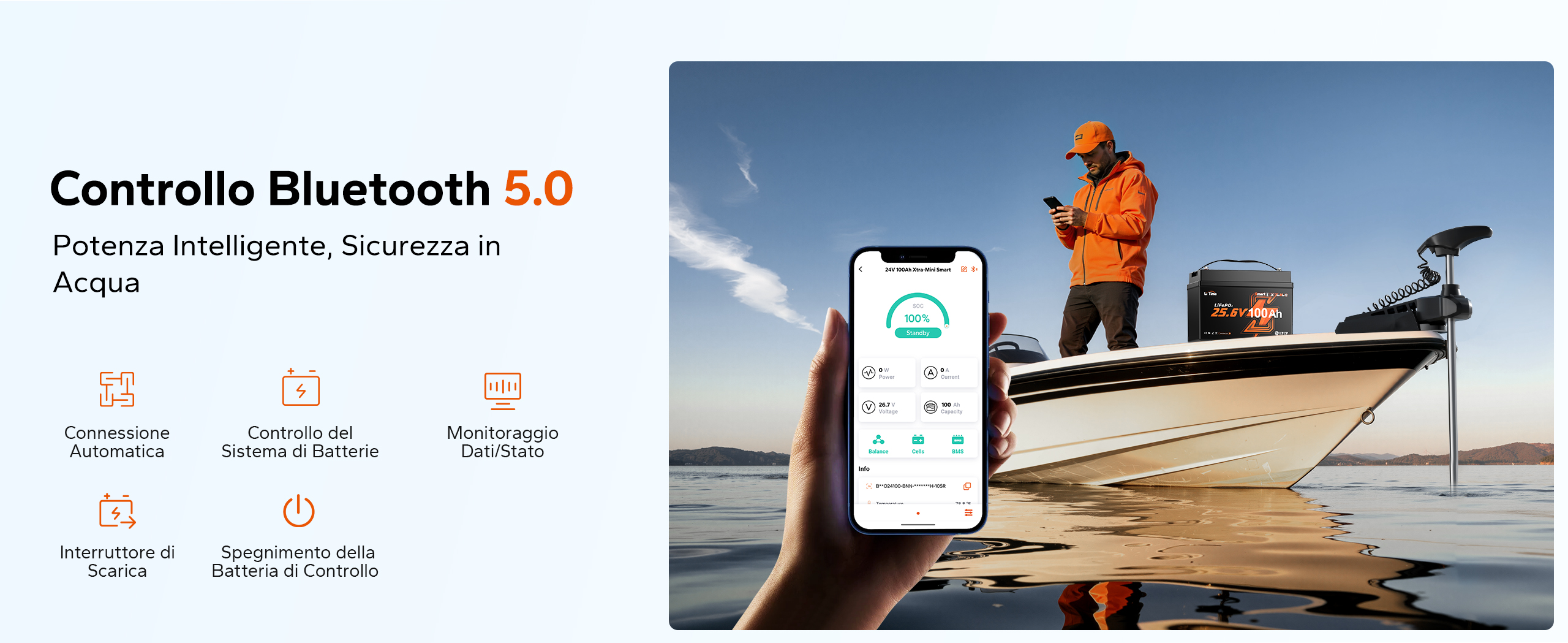 Monitoraggio in tempo reale delle prestazioni della batteria tramite app Bluetooth 5.0 per un utilizzo senza preoccupazioni sull'acqua.