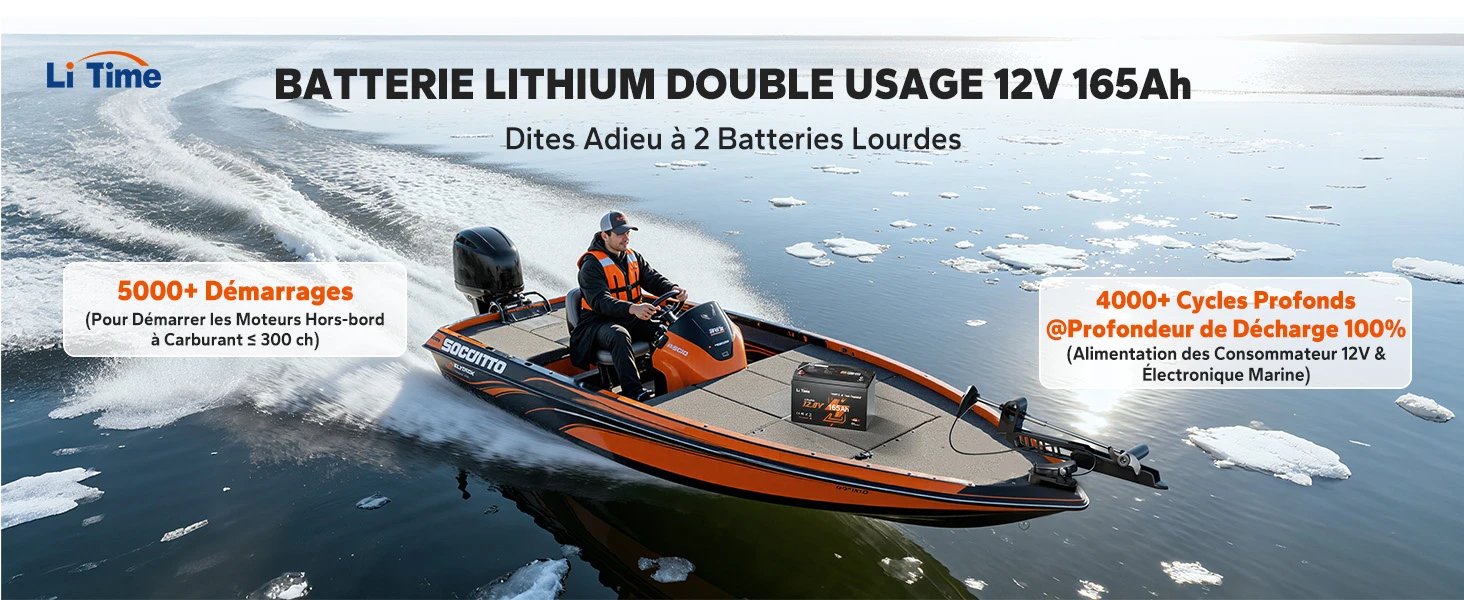 Batterie lithium LiTime 12V 165Ah double usage pour démarrage de moteur de bateau et décharge profonde
