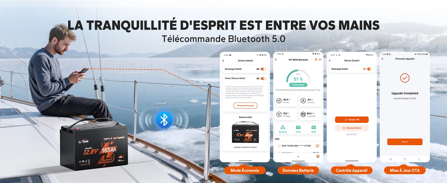 Application de suivi à distance via Bluetooth 5.0 pour la batterie lithium marine LiTime 12V 165Ah.