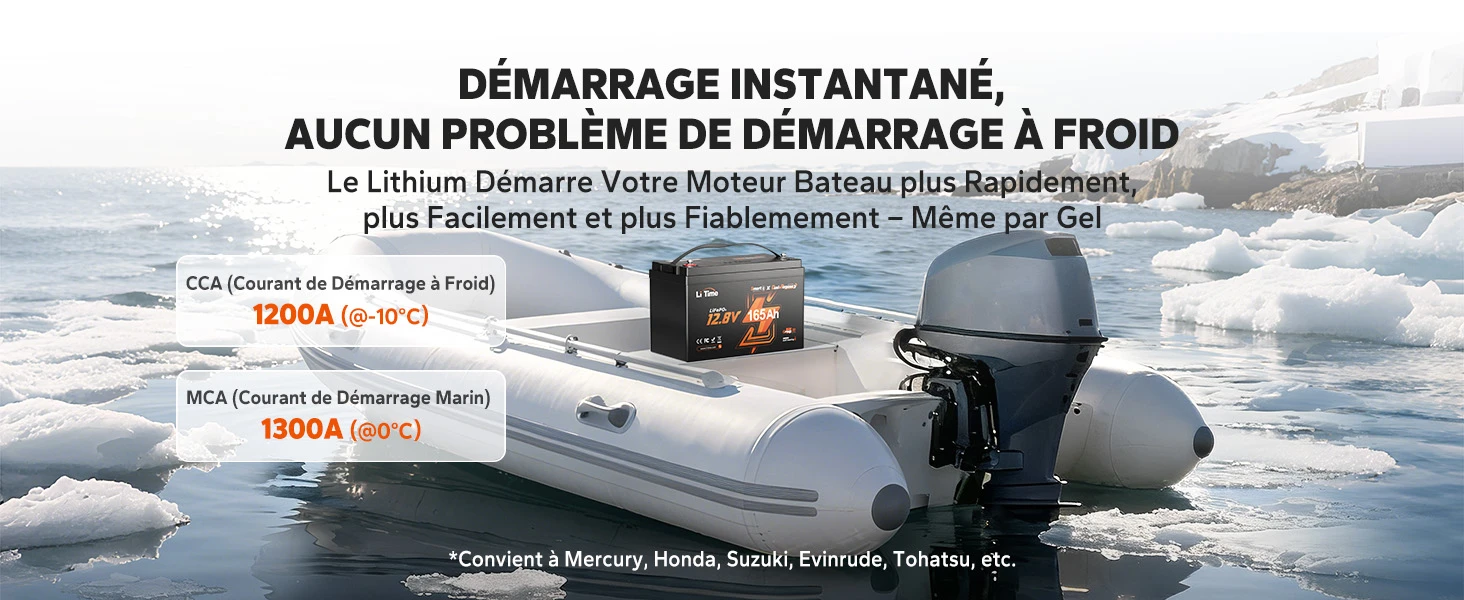 Batterie de démarrage marine lithium LiTime 12V 165Ah avec puissance de démarrage à froid CCA 1200A et MCA 1300A pour moteur hors-bord.
