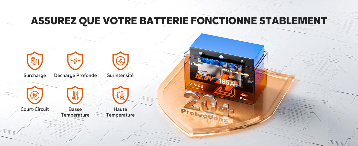 Système de sécurité BMS intelligent avec plus de 20 protections pour la batterie lithium LiTime 12V 165Ah.