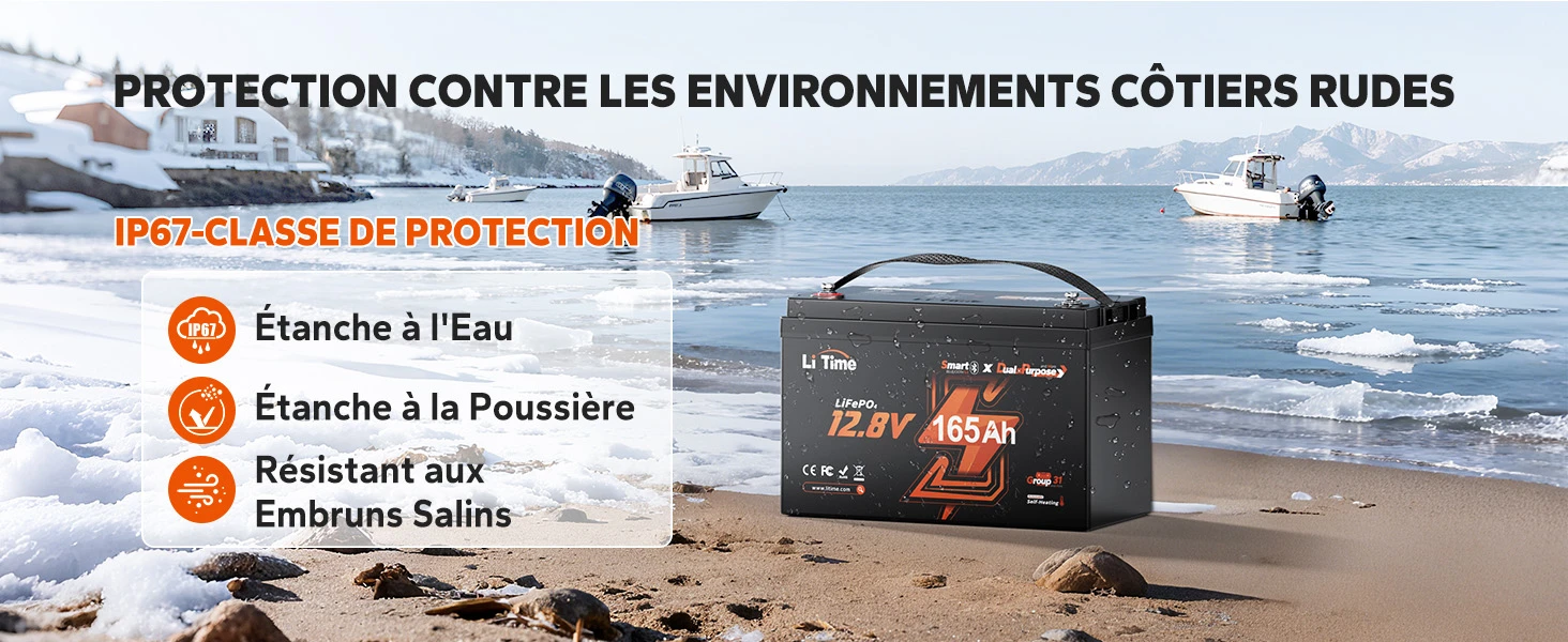Batterie marine lithium LiTime 12V 165Ah étanche IP67 et résistante au brouillard salin pour environnements côtiers.