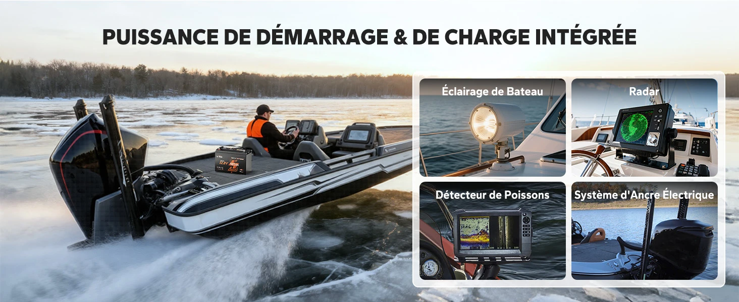 Batterie lithium marine LiTime 12V 165Ah double usage pour démarrage moteur et alimentation de sondeur, radar et électronique.