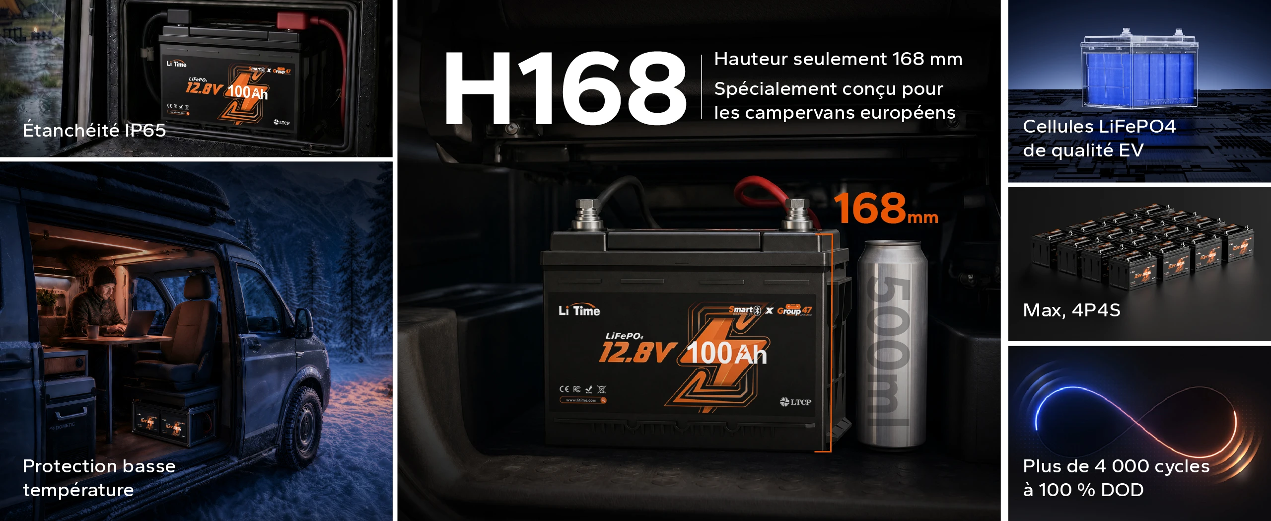 Batterie LiFePO4 12V 100Ah H168 avec hauteur réduite de 168 mm pour camping-car