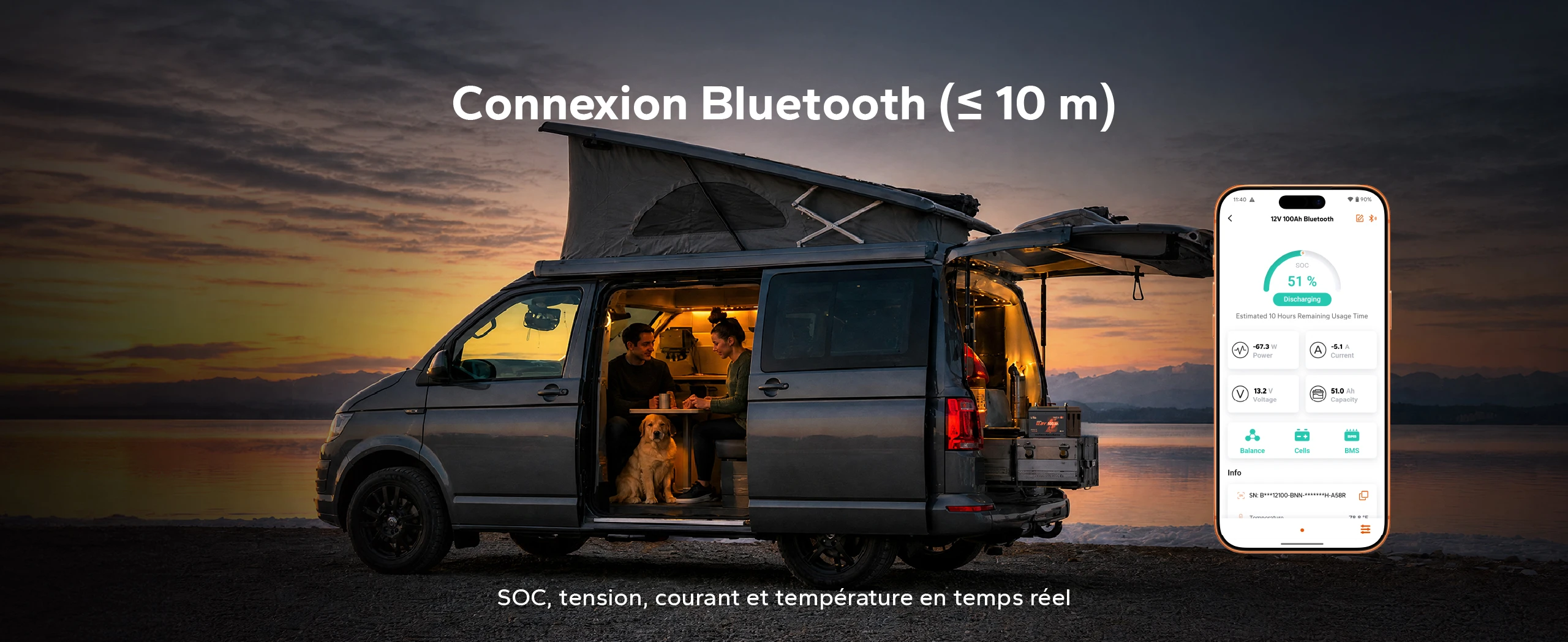 Batterie LiFePO4 12V 100Ah H168 avec surveillance Bluetooth : SOC, tension, courant et température