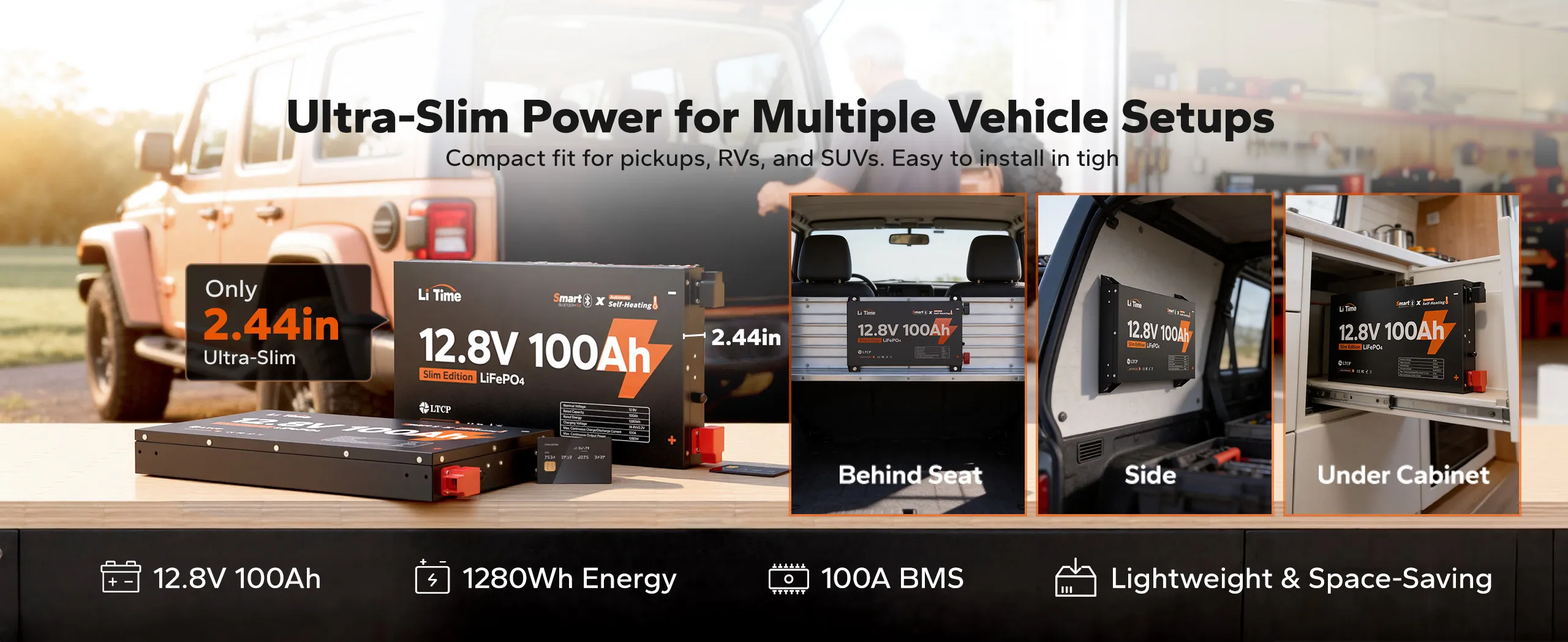 litime 12v 100ah thin lithium ion battery delivers ultra slim power for multiple vehicle setup