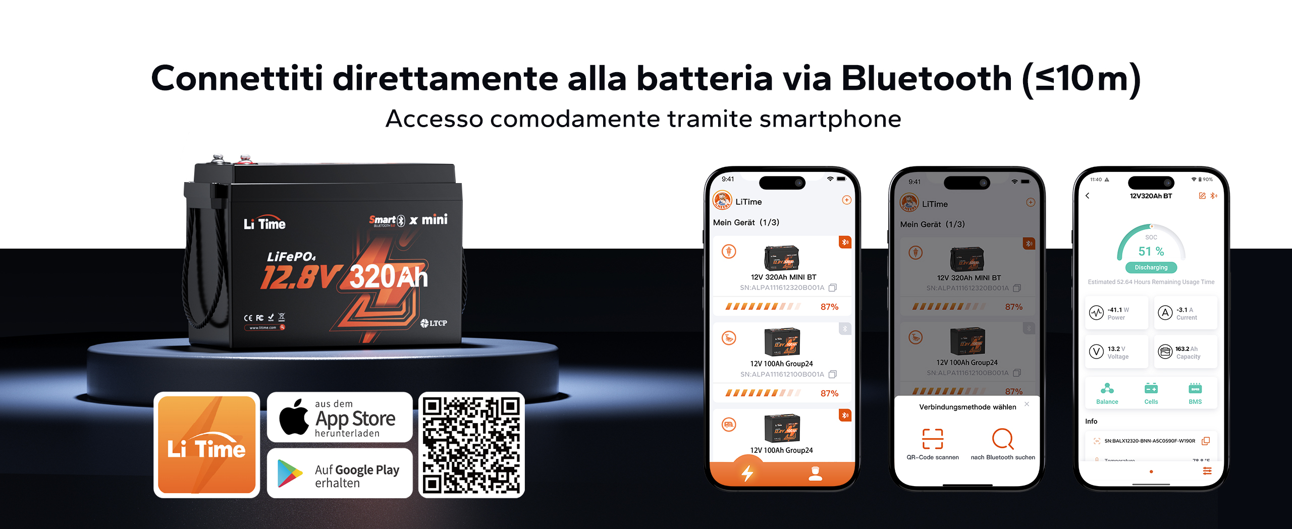 Batteria al litio con Bluetooth, monitorabile e gestibile tramite app per smartphone, con visualizzazione in tempo reale dello stato di carica, della potenza e dei dati della batteria.