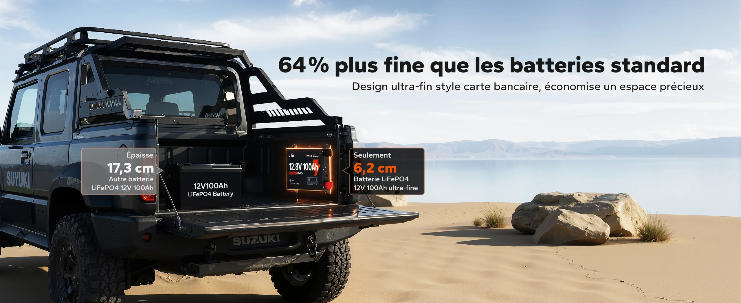 Comparaison d'épaisseur : la batterie LiTime 12V 100Ah Ultra Slim Ultra-fine mesure seulement 6,2 cm d'épaisseur, soit 64% plus fine qu'une batterie standard de 17,3 cm.