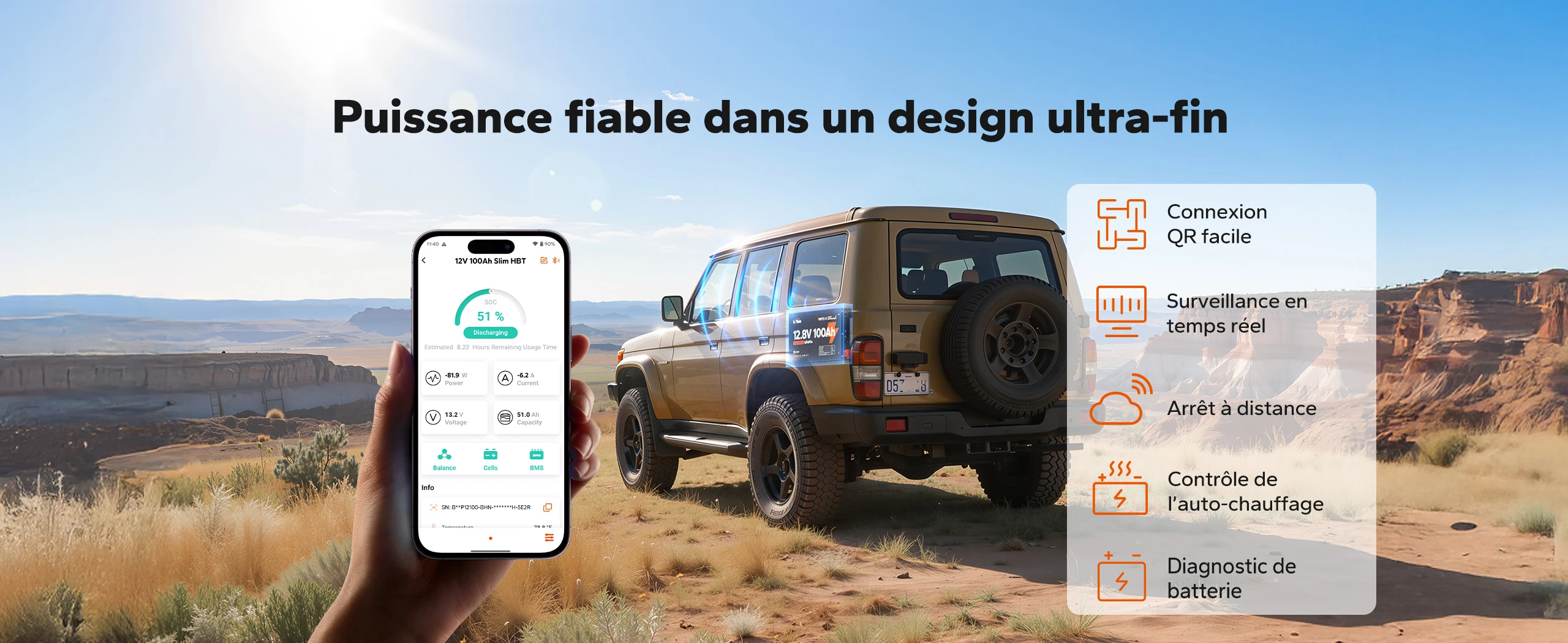 Gestion intelligente d'une batterie lithium ultra-fine LiTime : contrôle à distance, diagnostic, état de charge (SOC) et auto-chauffage via smartphone.