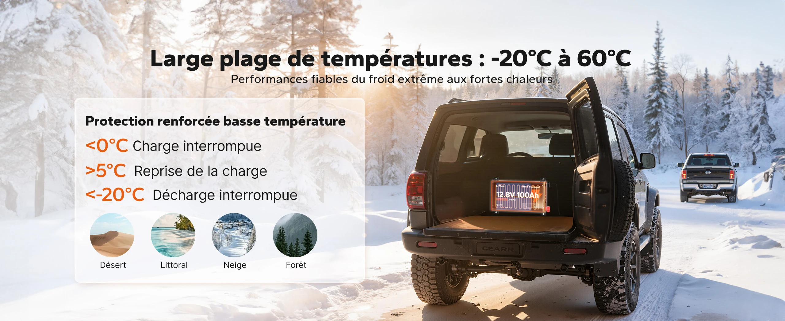 Batterie LiTime 12V 100Ah Ultra-fine LiFePO4 avec Bluetooth, dotée d'un système auto-chauffant pour une protection optimale contre le froid (entre -20°C et 60°C)