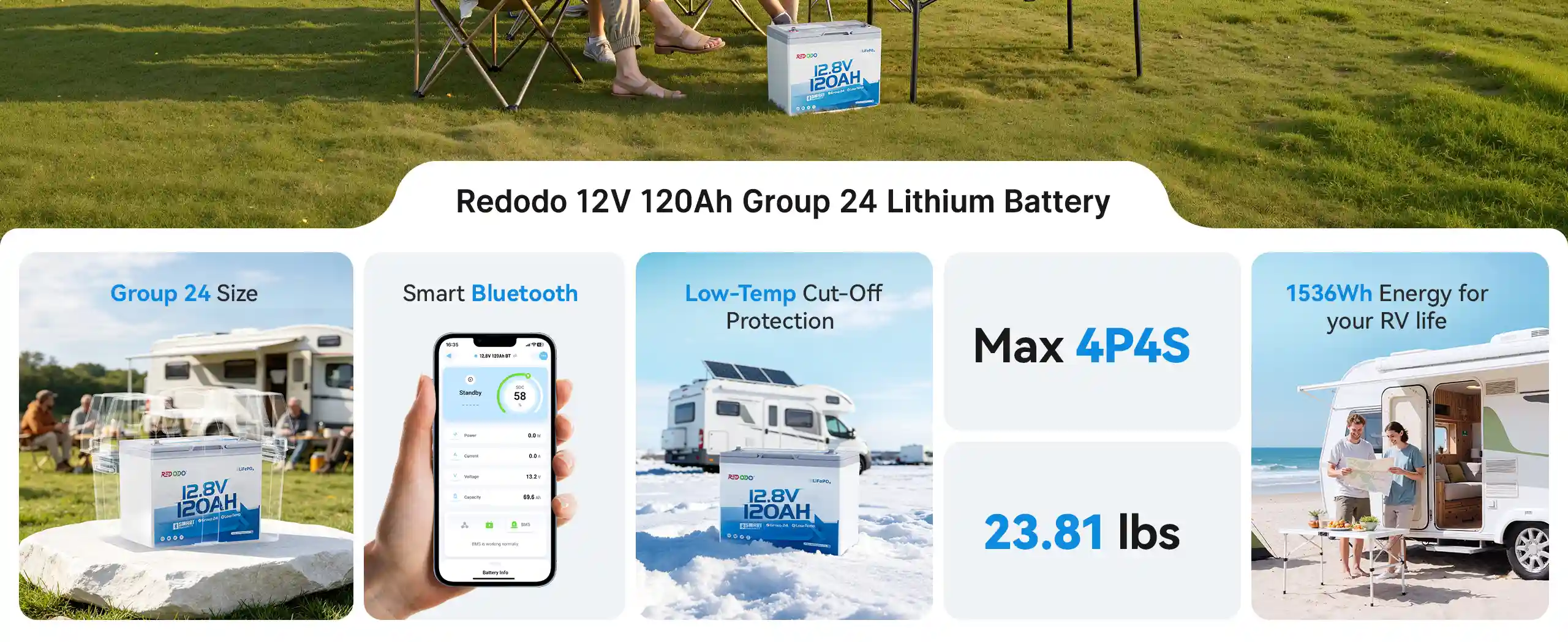 key features of Redodo 12V 120Ah Group 24 lithium RV battery