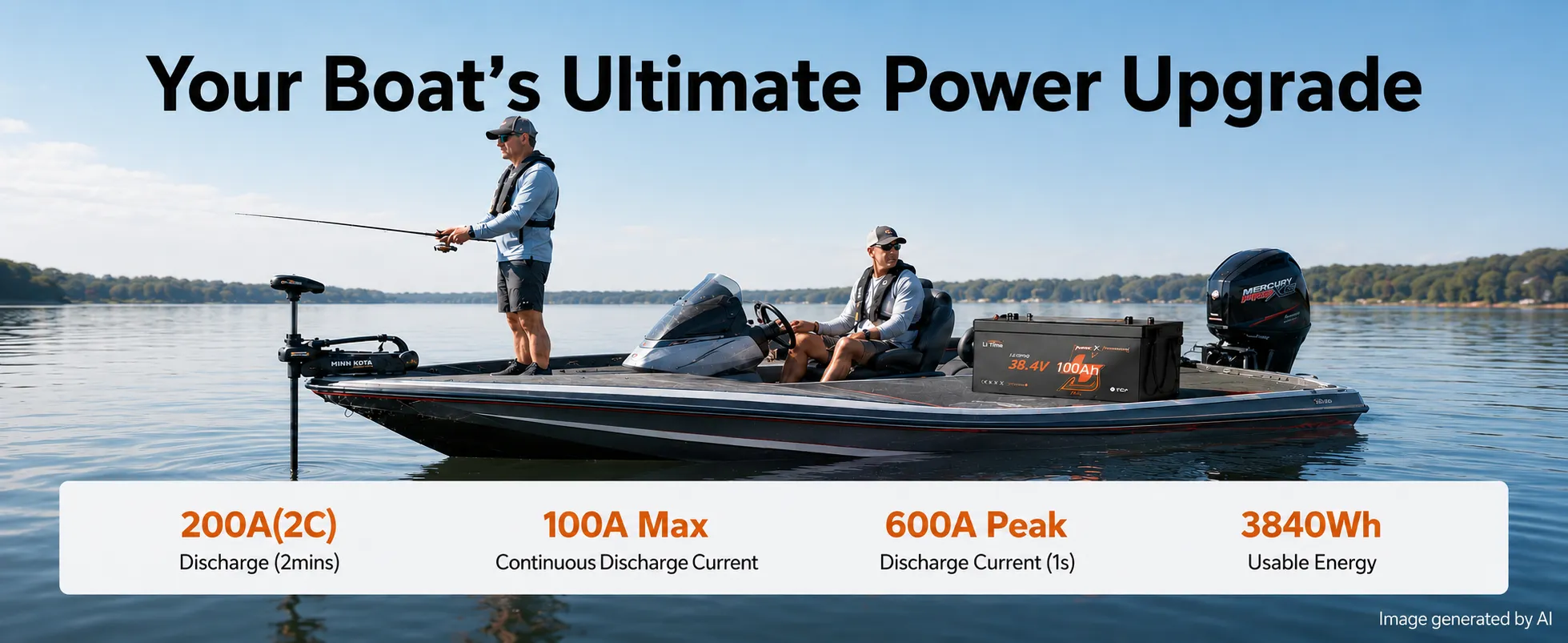 36V lithium trolling motor battery with 3840Wh energy for longer fishing days