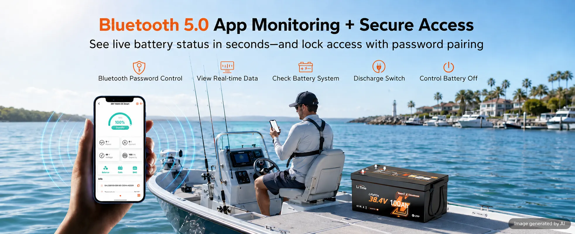 36V trolling motor battery with Bluetooth monitoring for SOC voltage current and remaining power