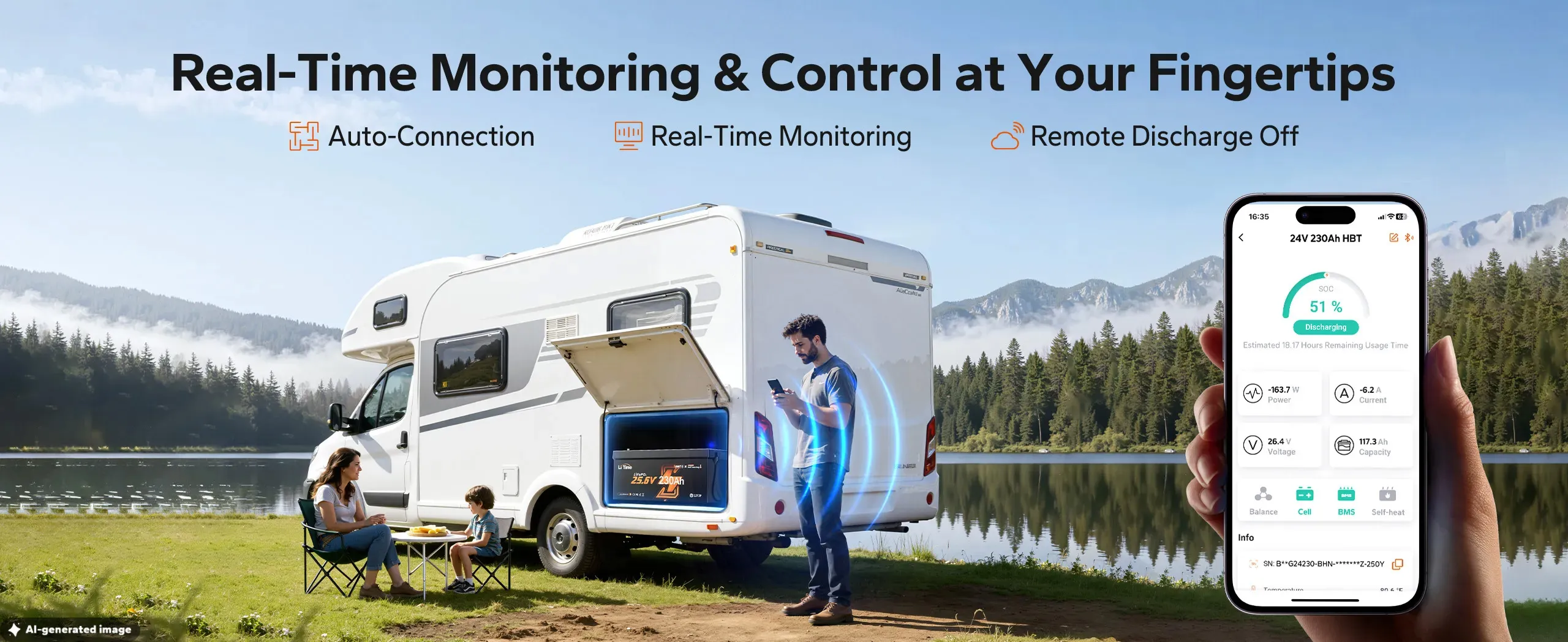 real-tme monitoring litime 24v 230ah self heating battery via litime APP