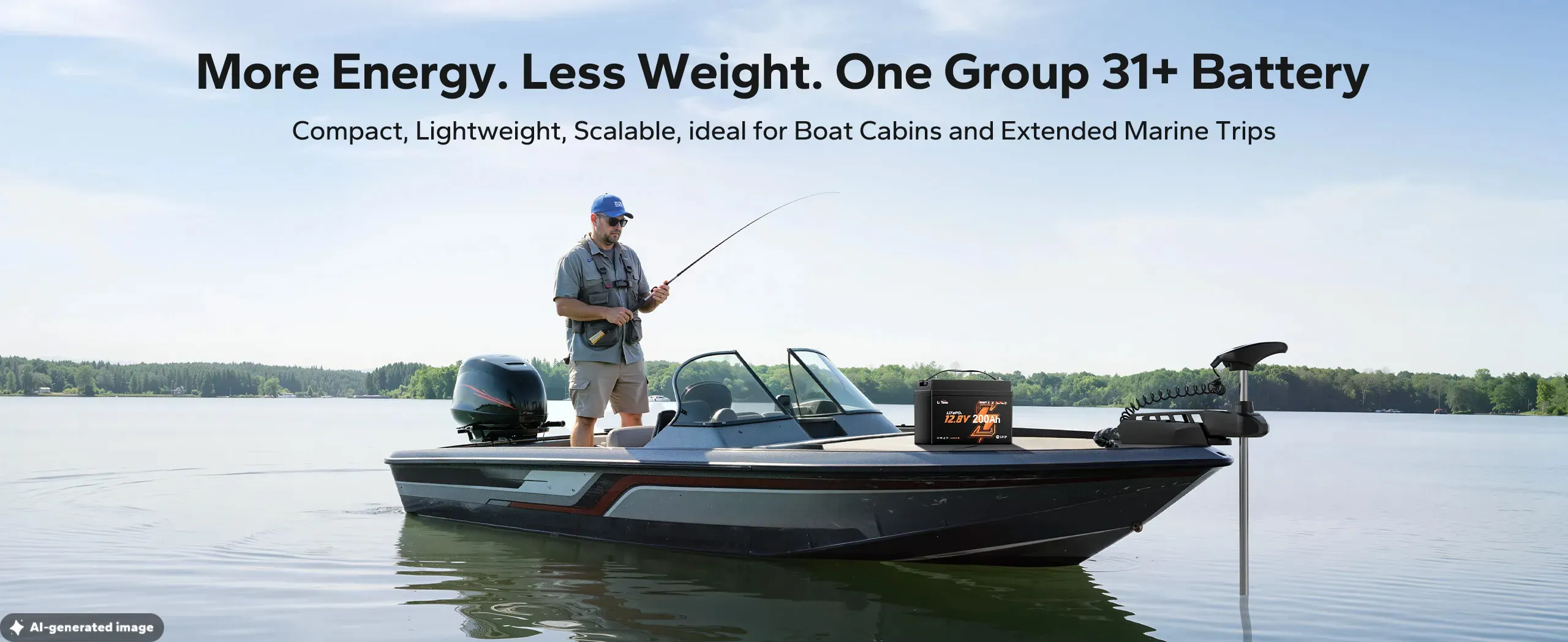 LiTime 12V 200Ah mini LiFePO4 lithium battery (Group 31+ marine deep cycle) on a fishing boat with trolling motor