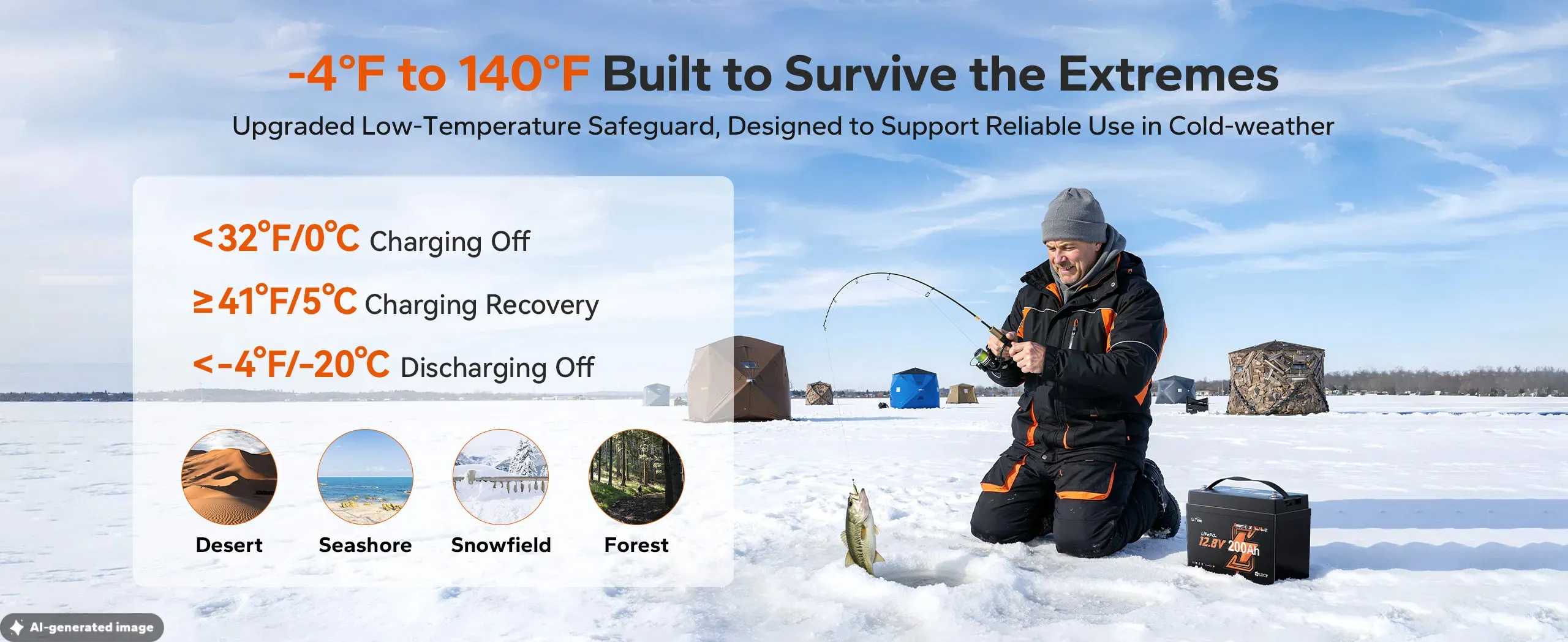 Low-temp protection of LiTime 12V 200Ah mini LiFePO4 lithium battery for marine and ice-fishing