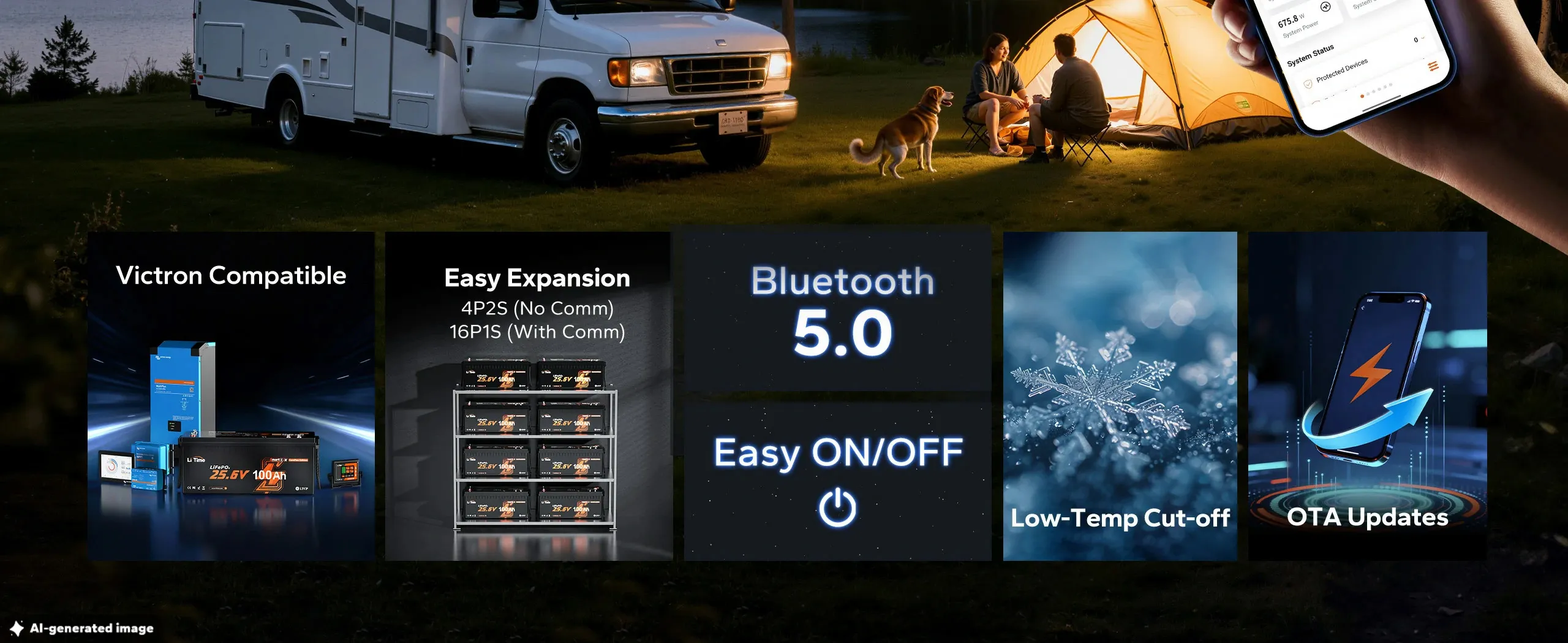 litime 24V 100Ah ComFlex battery combines Bluetooth control, one-touch on/off, low-temp cut-off, and OTA updates