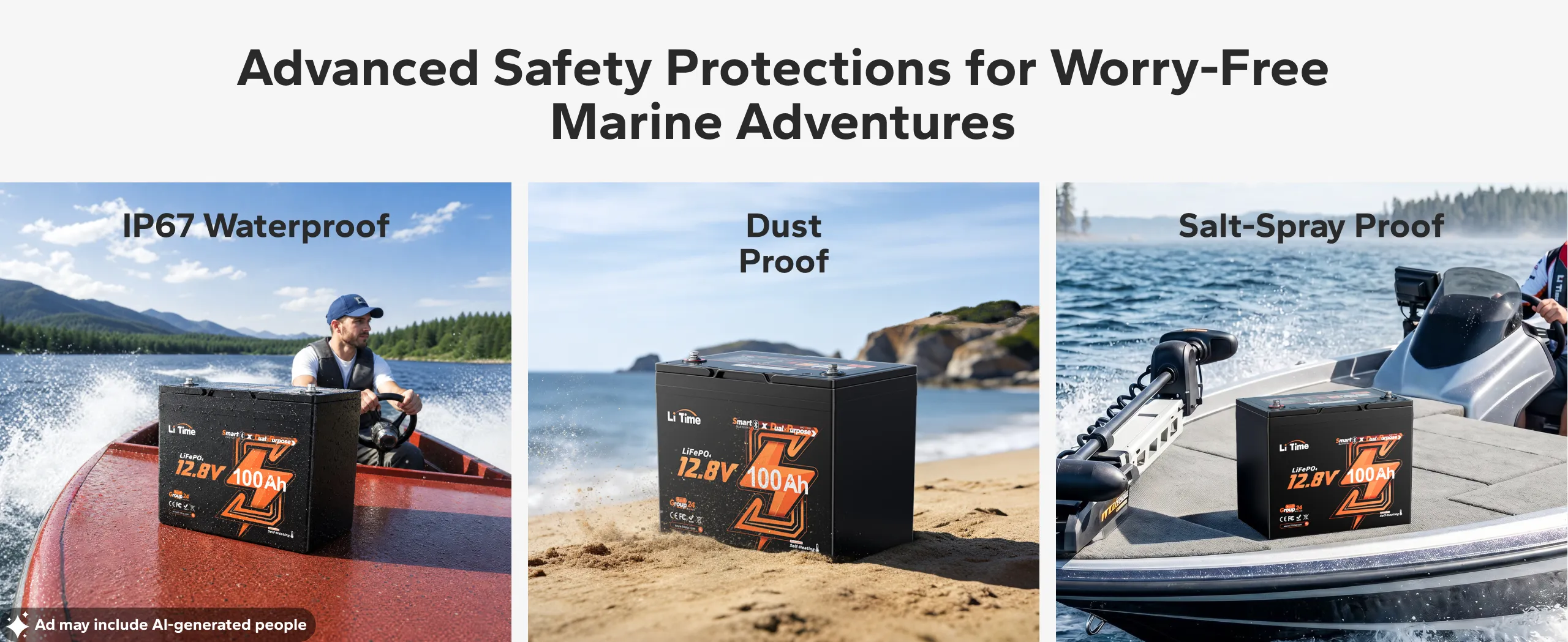 litime 12v 100ah group 24 marine cranking battery with IP67 protection for wet marine conditions