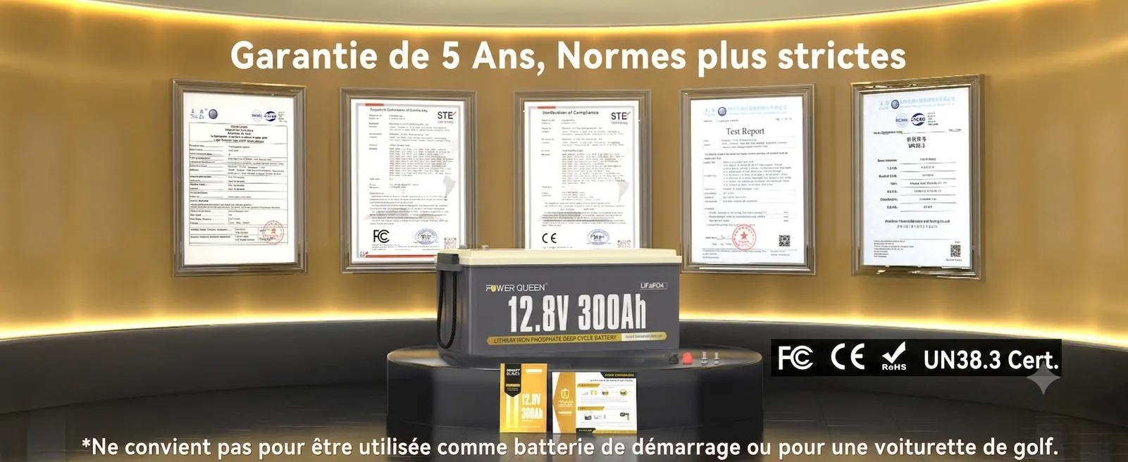 Garantie de 5 Ans, Certifiation FCC, CE, Schéma de Connexion (4P4S), Énergie de 61,44kWh, 12v batterie lithium 300Ah