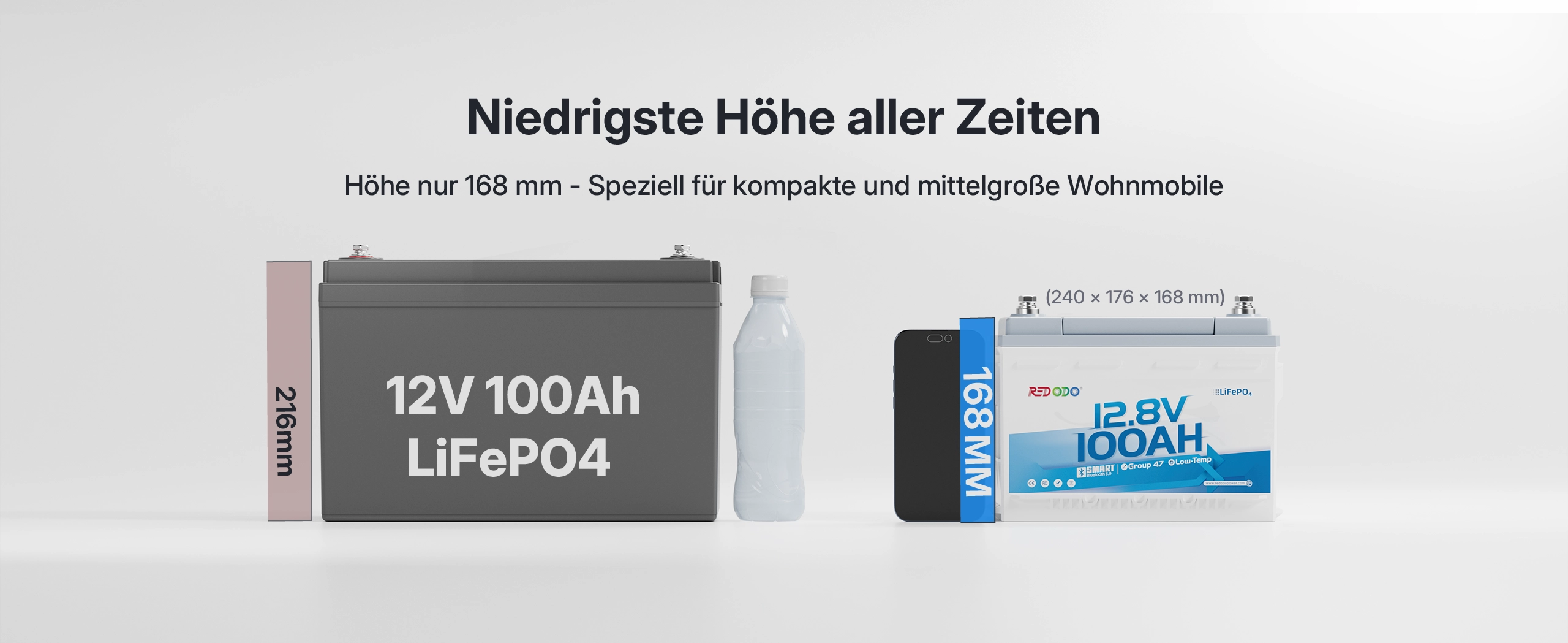 Redodo 12V 100Ah H168 LiFePO4 Batterie  ist speizell fuer kompakte und mittelgrosse Wohnmoblie